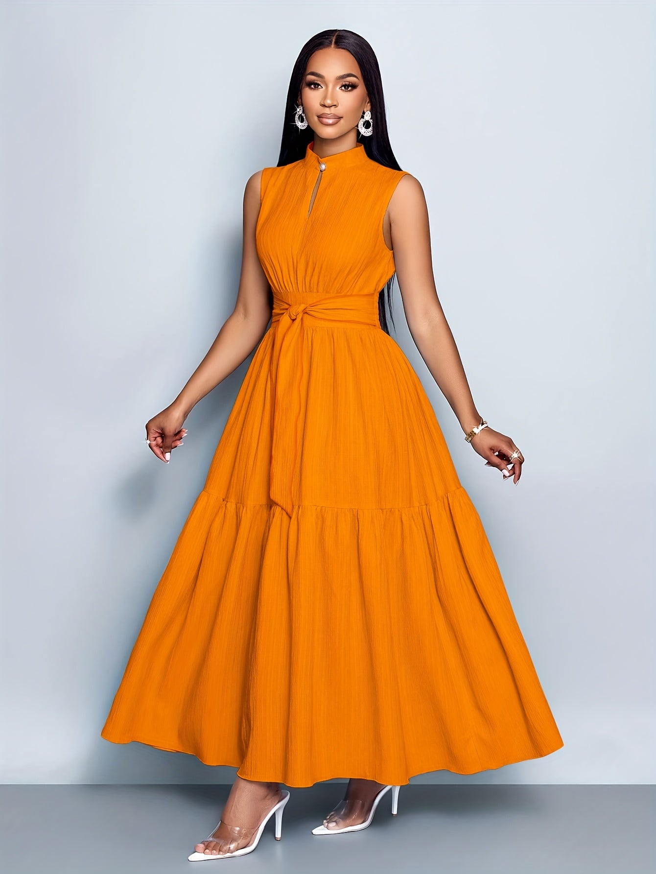 Textured Belted Summer Dress – Ruffled Hem & Lightweight Sleeveless Fit