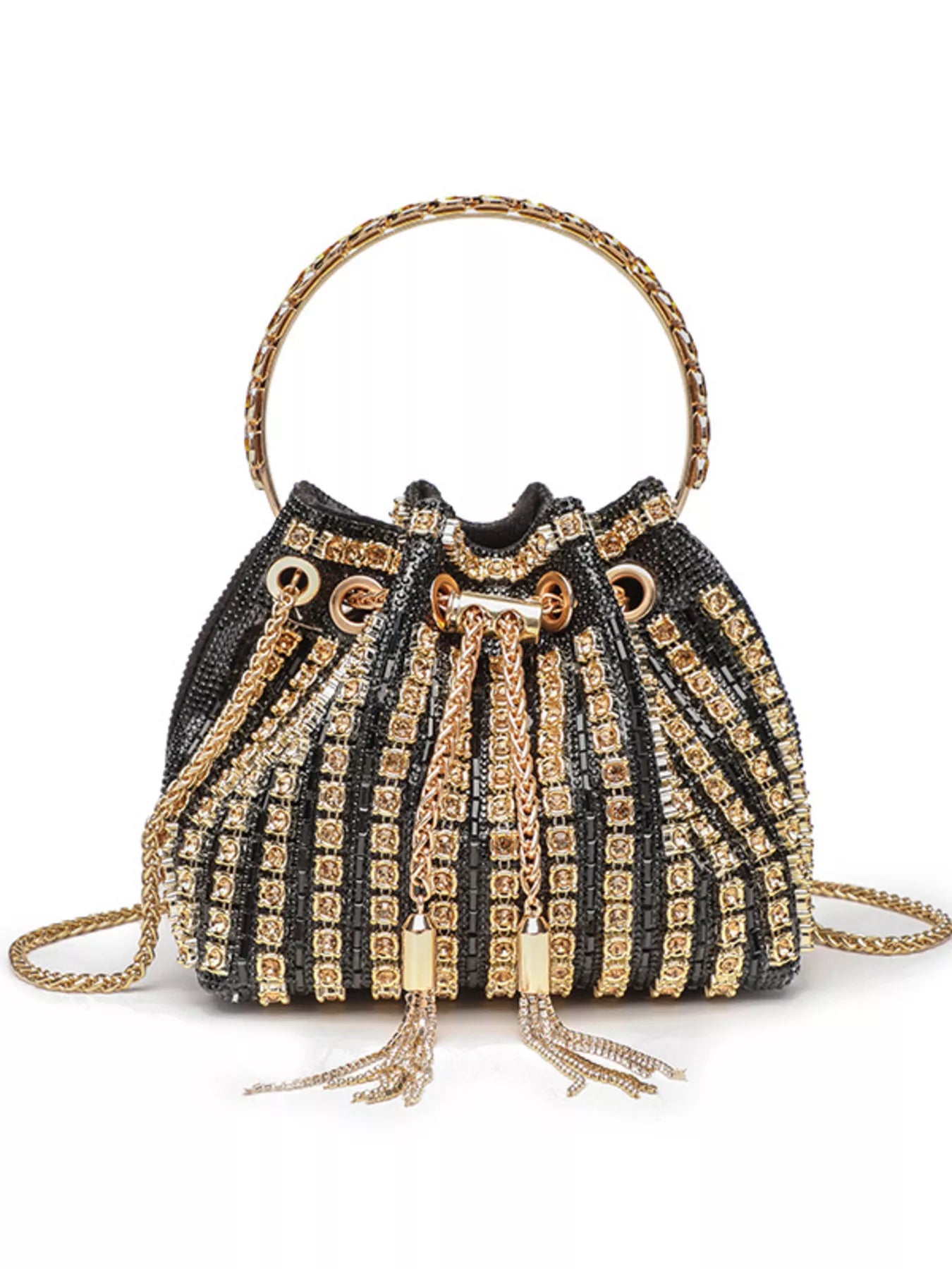 Rhinestone embellished bucket crossbody handbag with chain strap, trendy design, shiny detailing, by Trendsi.