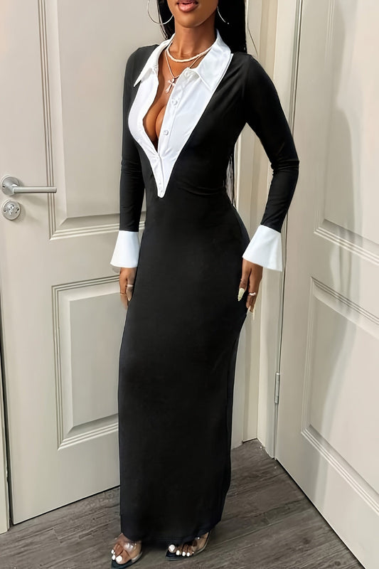 Timeless Grace V-Neck Contrast Midi Dress – Effortless Elegance from Day to Night