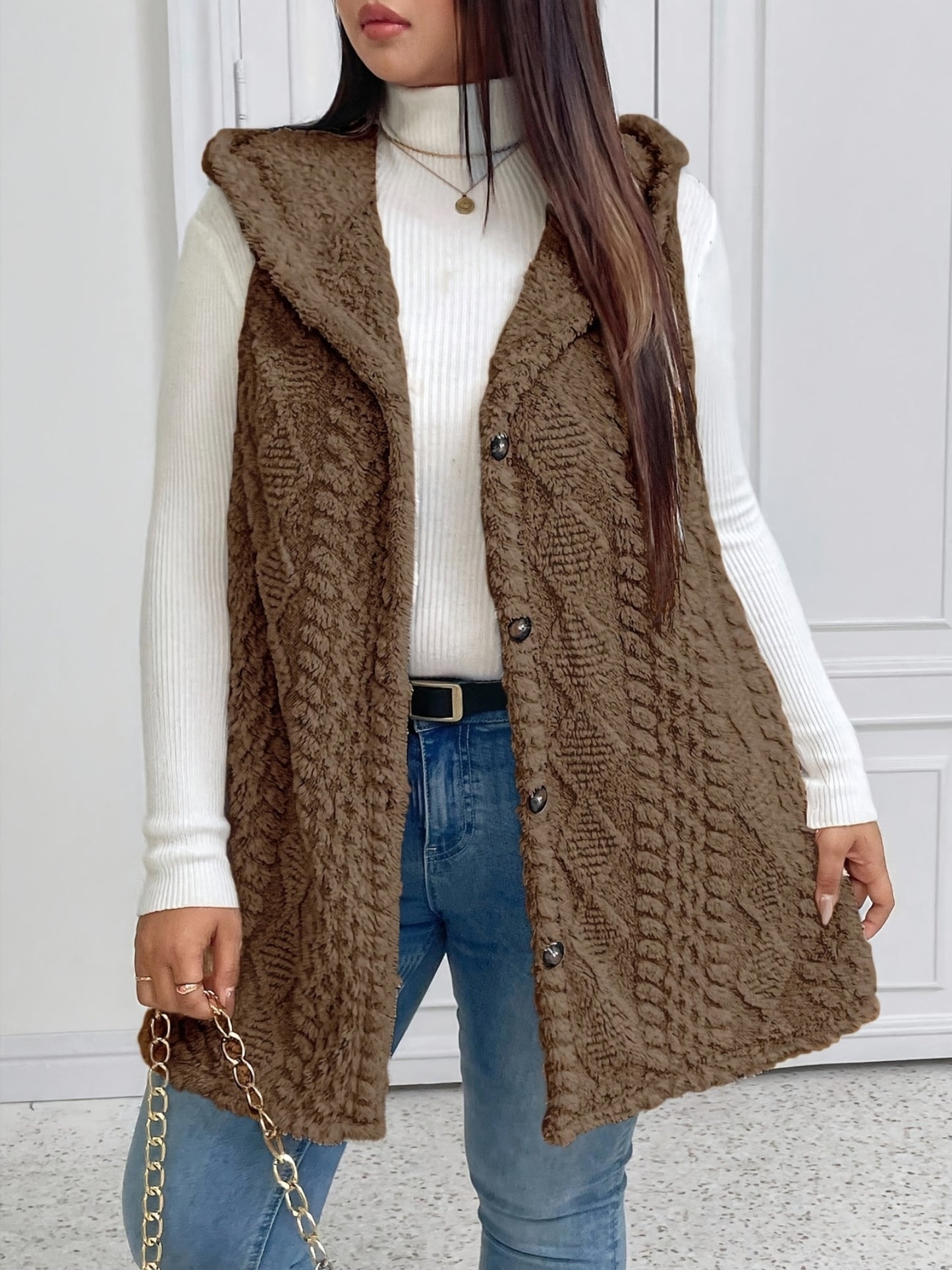 Hooded Fleece-Lined Faux Button Sleeveless Vest