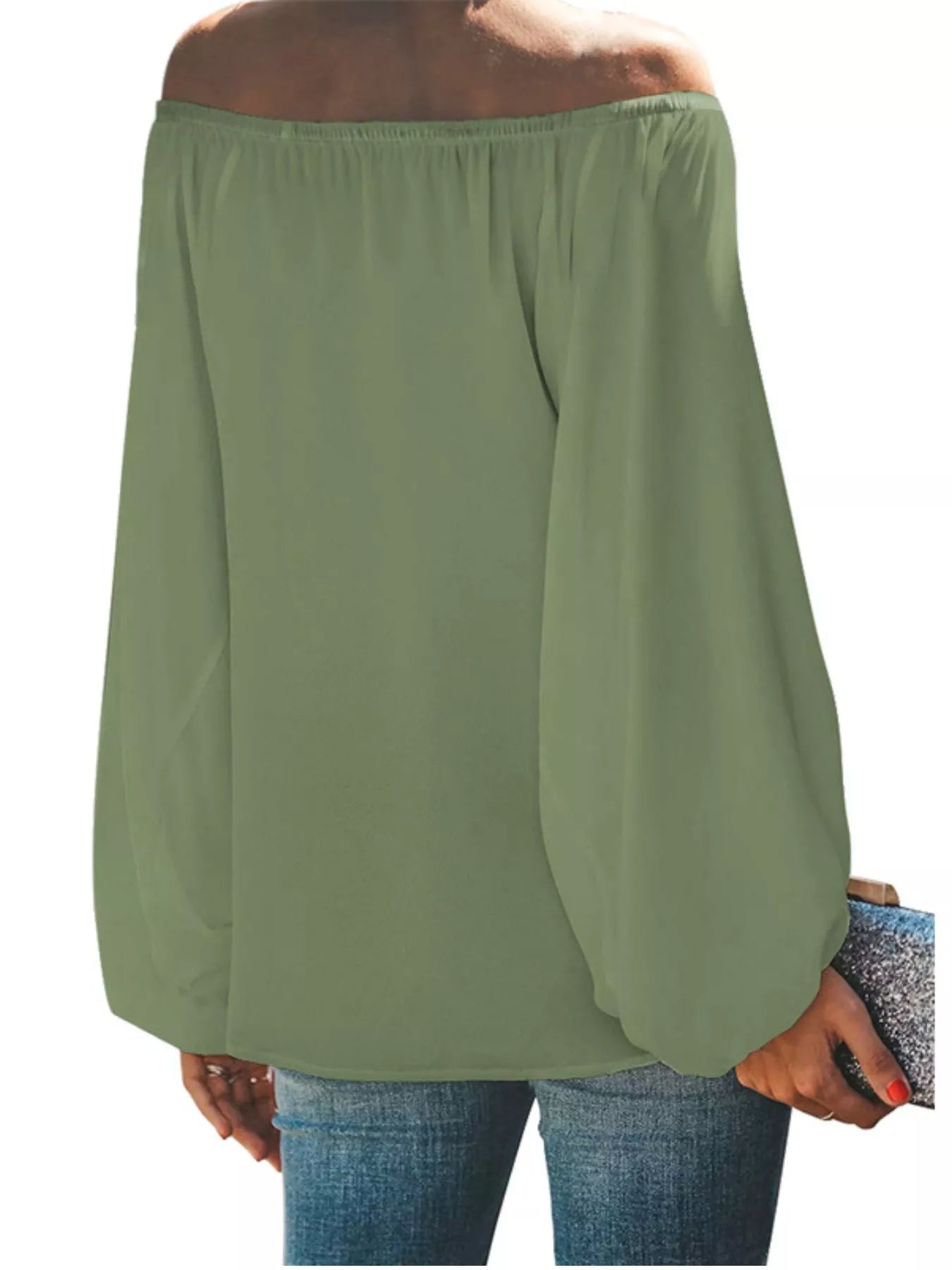 Off-shoulder balloon sleeve blouse from Trendsi featuring a relaxed fit, flowy fabric, and stylish off-shoulder neckline.