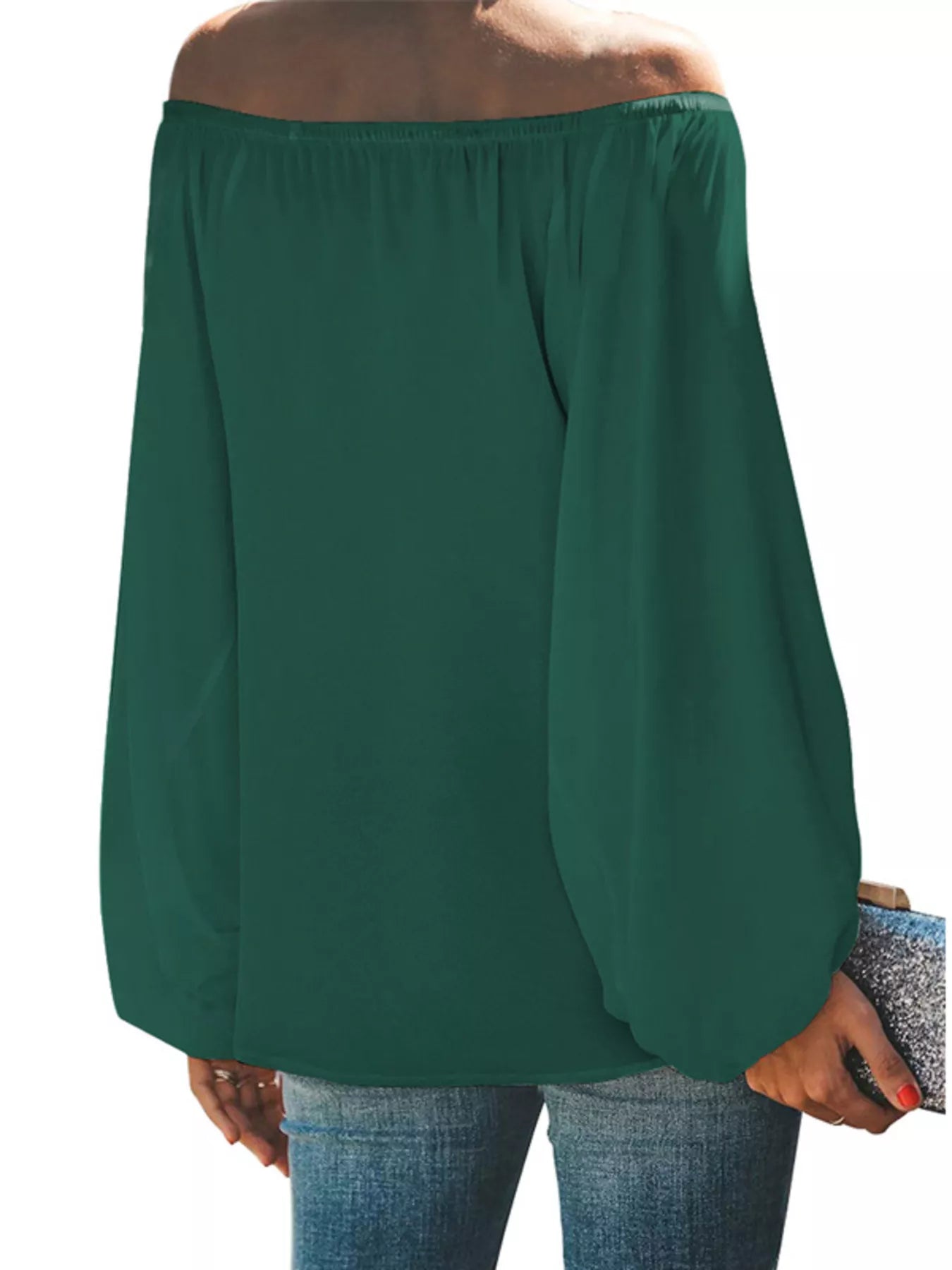Off-shoulder balloon sleeve blouse from Trendsi, featuring a stylish design with puffed sleeves and a flattering neckline.