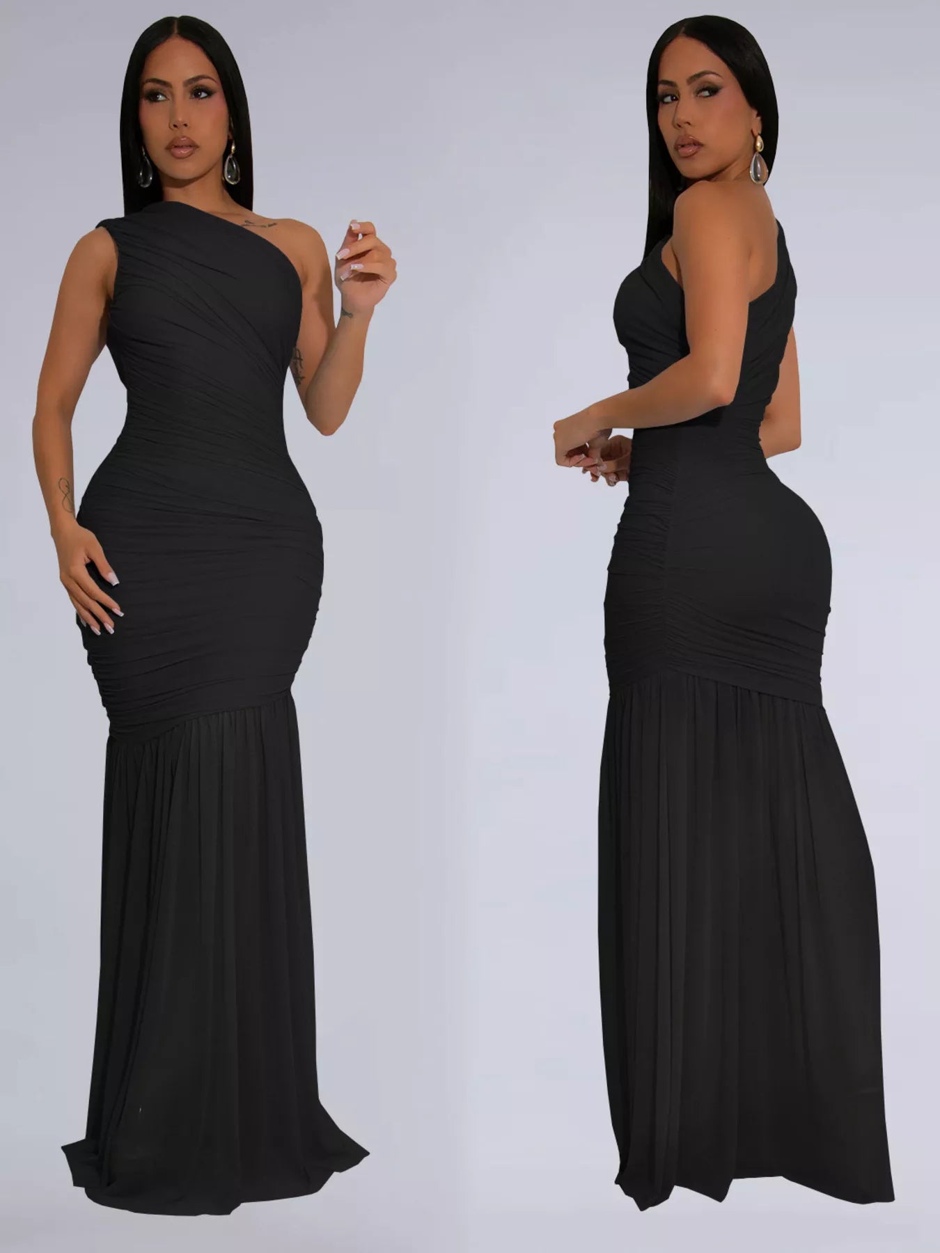One-shoulder ruched bodycon maxi dress by Trendsi, in black, featuring a fitted silhouette and elegant drape for formal occasions.