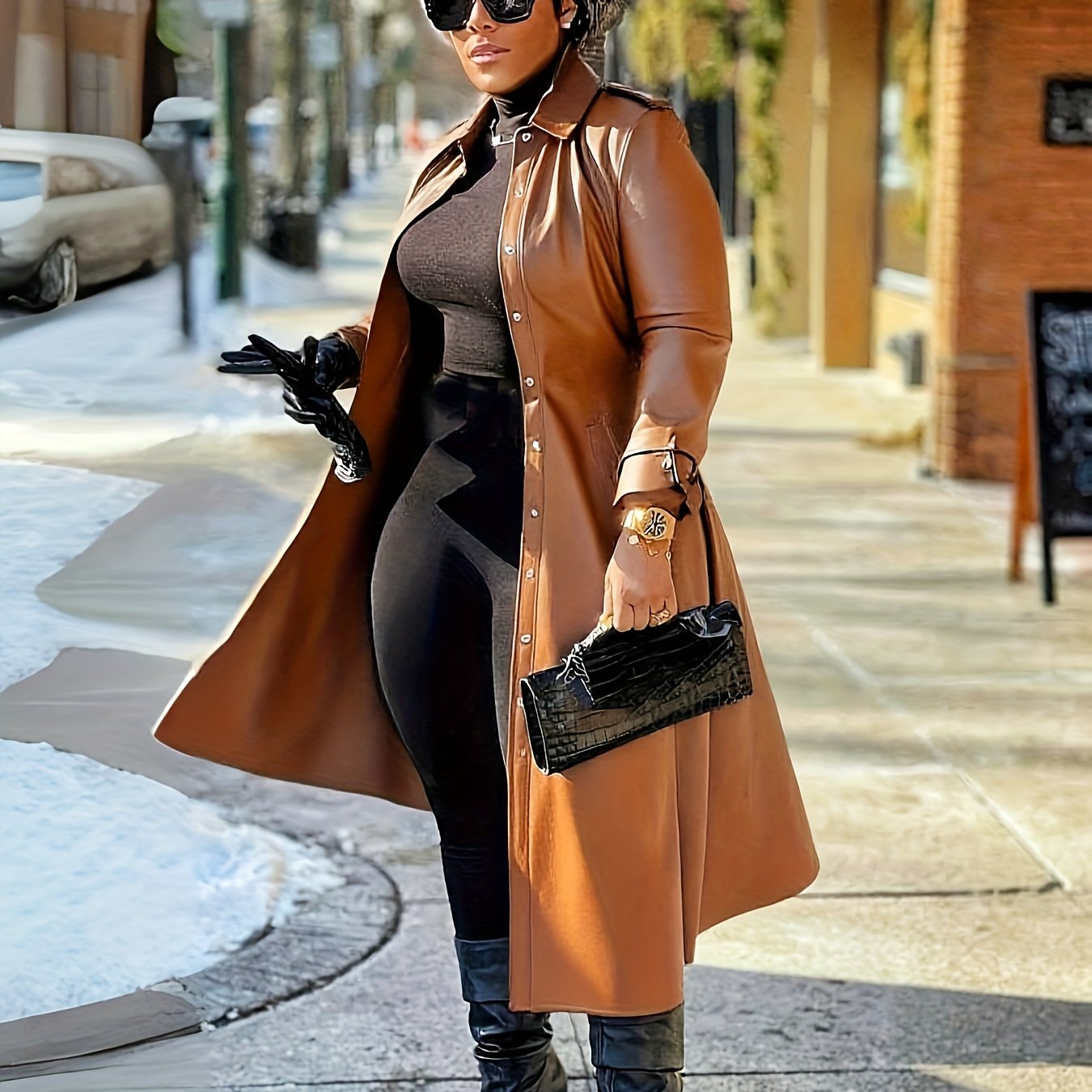 Faux Leather Long Trench Dress or Coat
