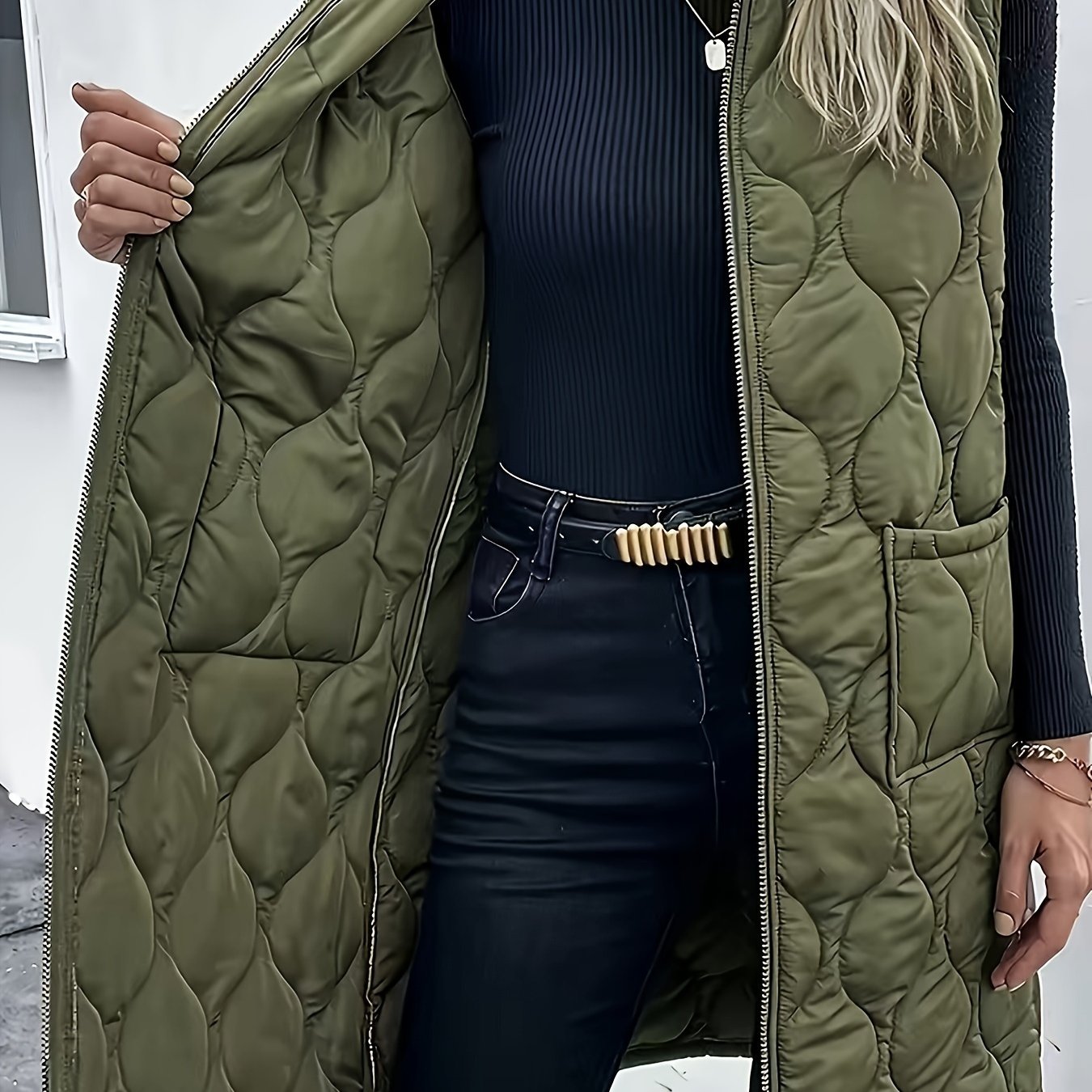 Quilted Army Green Sleeveless Zipper Vest