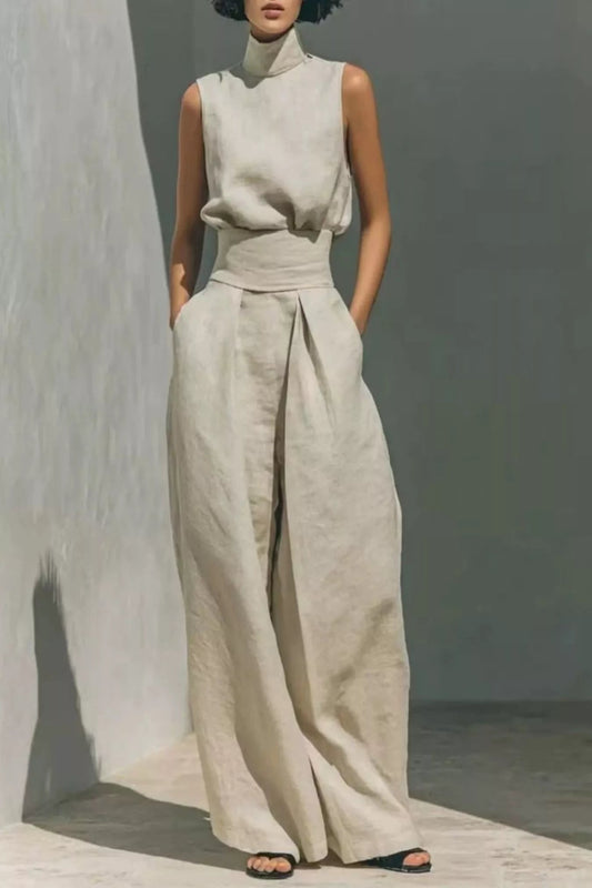 Trendsi high neck sleeveless top and wide leg pants set, stylish 2-piece outfit, with the top featuring a high neckline and sleeveless design.