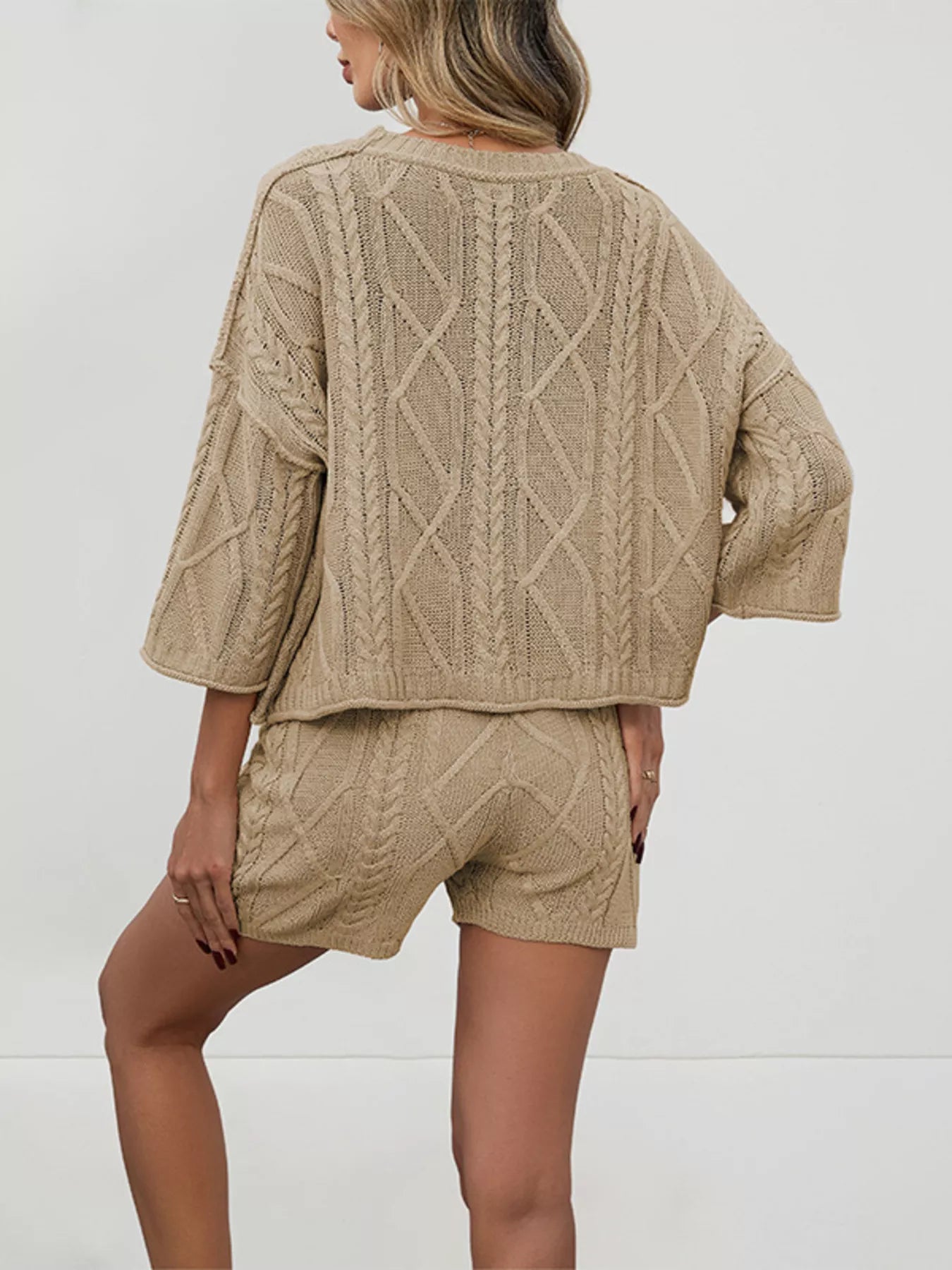 Trendsi cable knit round neck top and shorts sweater set, cozy knit fabric, stylish casual loungewear for women.