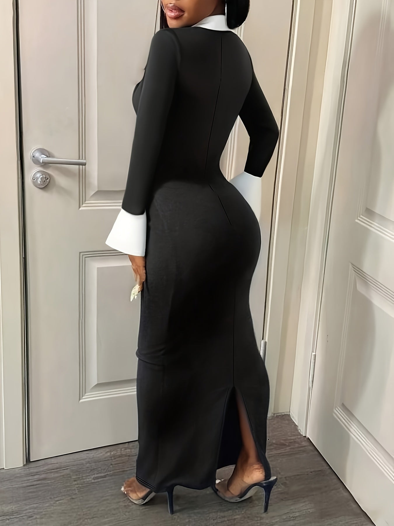 Timeless Grace V-Neck Contrast Midi Dress – Effortless Elegance from Day to Night