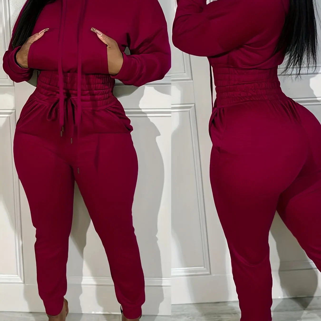 Hooded Crop Top and Shirred Waist Cuffed Jogger Set Toshe Women's Fashions