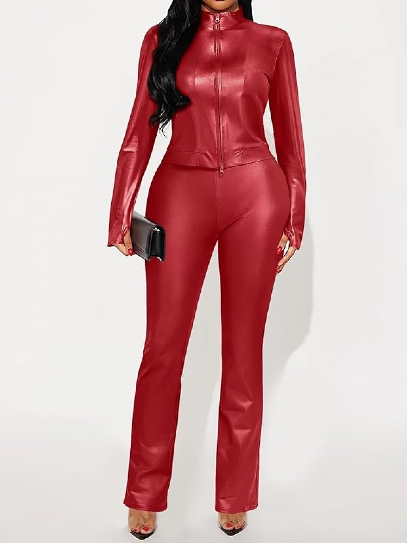 Sexy Zip Top & Flared Pants Sweatsuit Winter Matching Set