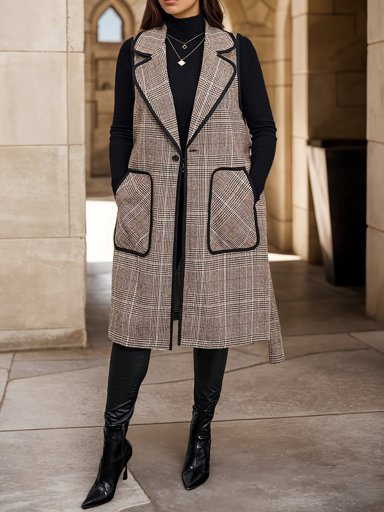 British Style Plaid Sleeveless Belted Long Vest