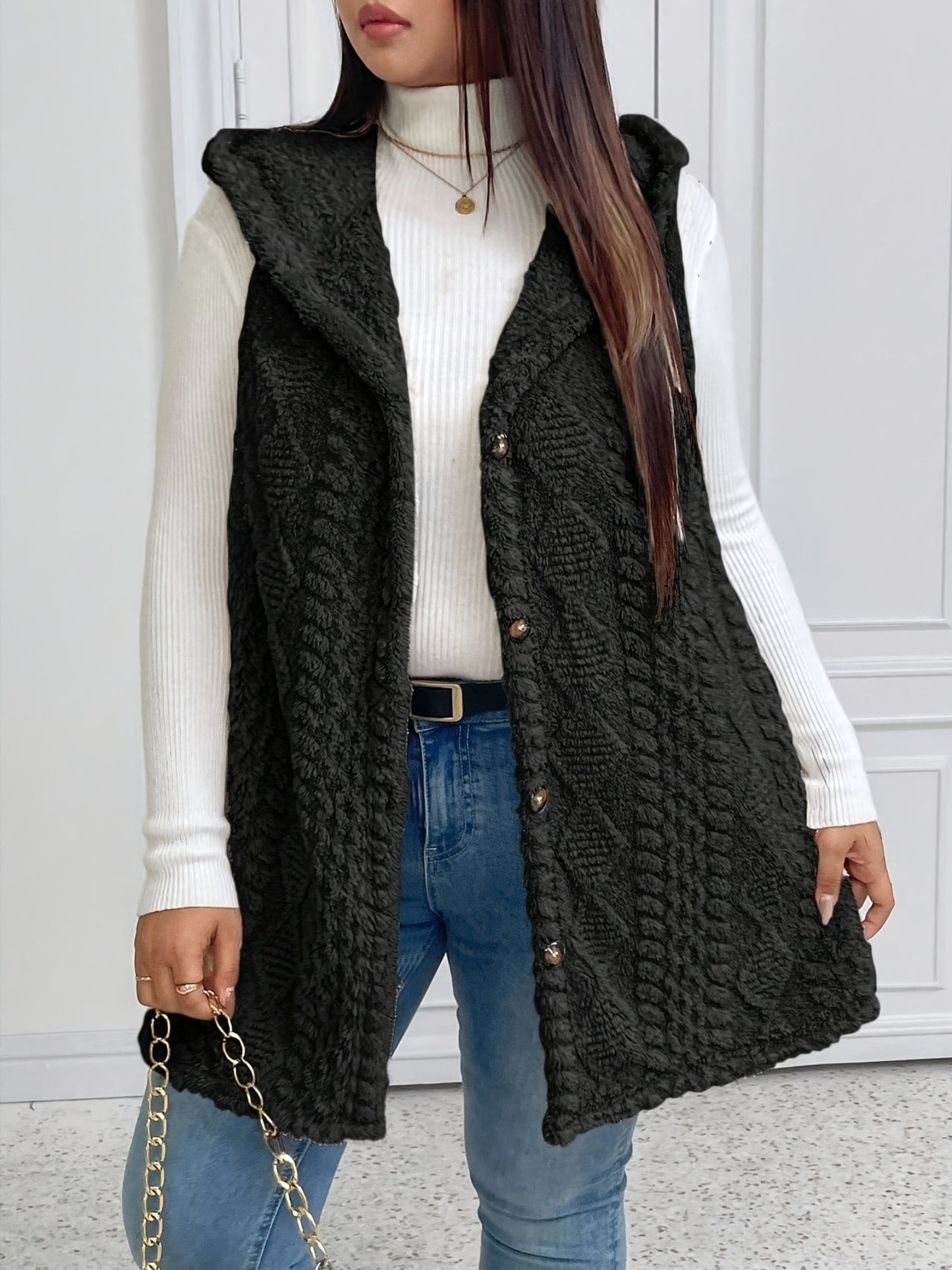 Hooded Fleece-Lined Faux Button Sleeveless Vest