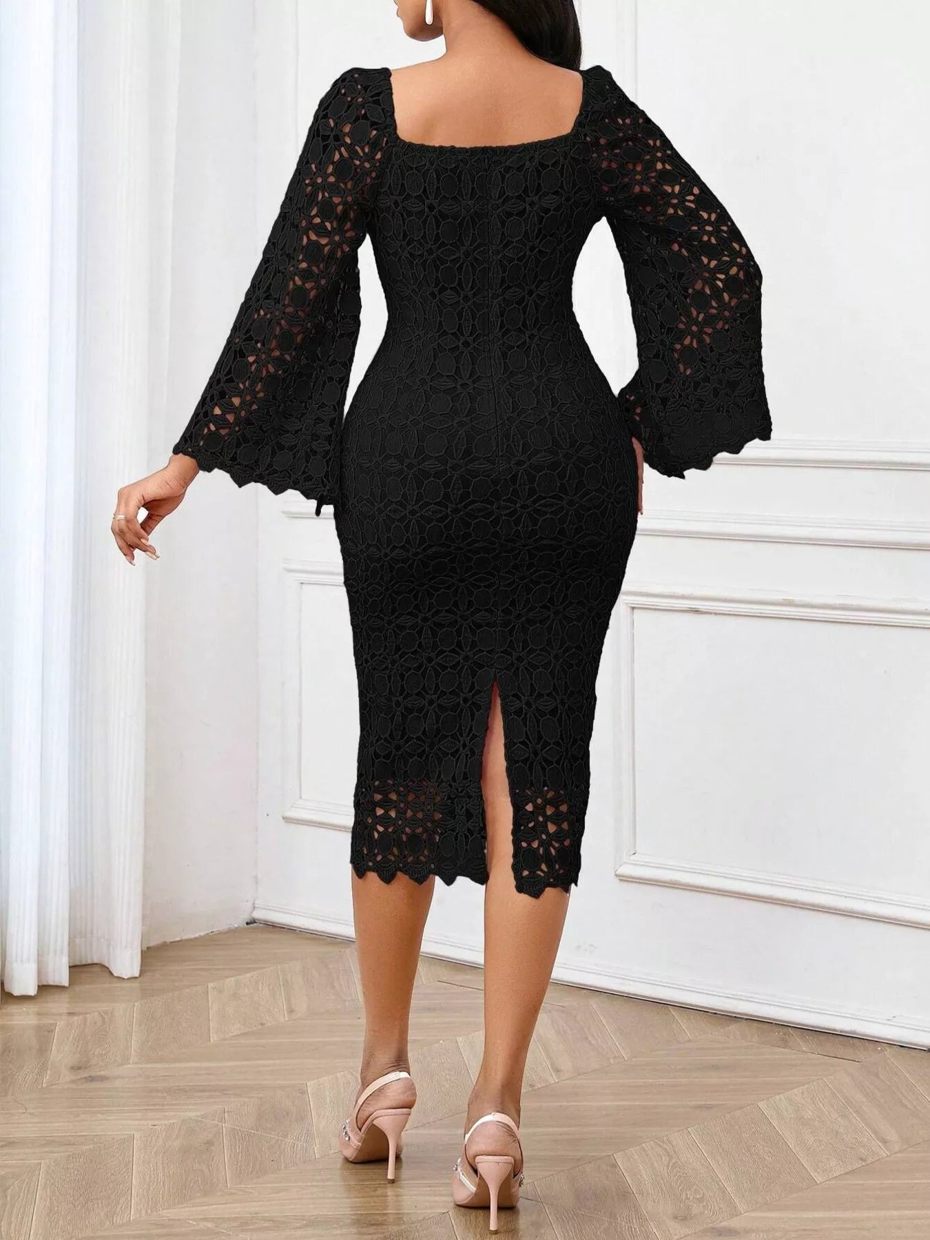 Lace square neck midi dress by Trendsi featuring intricate lace details and a fitted silhouette, perfect for elegant occasions.
