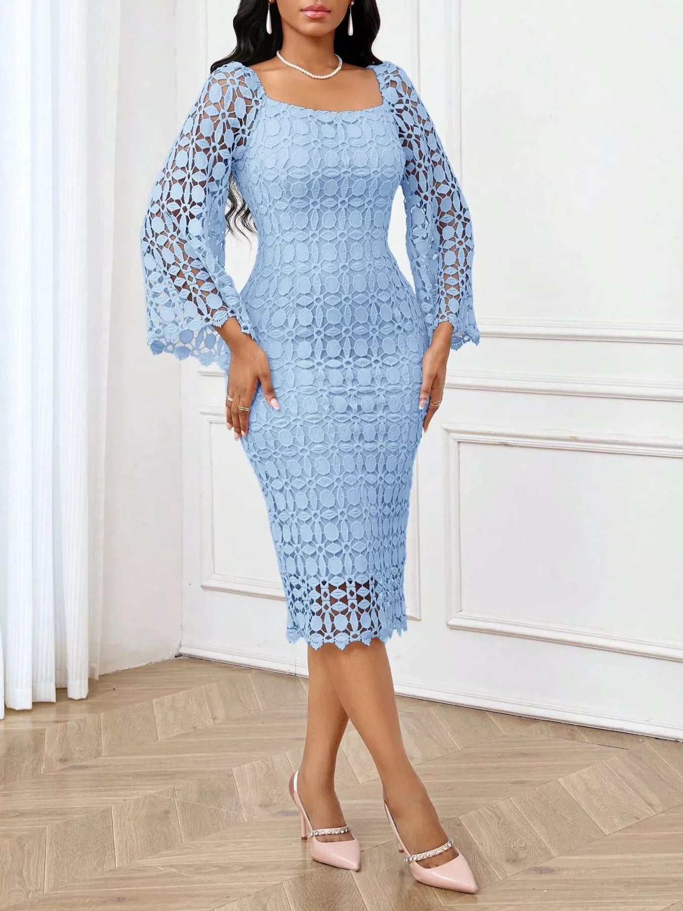 Lace square neck midi dress by Trendsi featuring a fitted bodice, long sleeves, and a flowing midi skirt in a soft lace fabric.