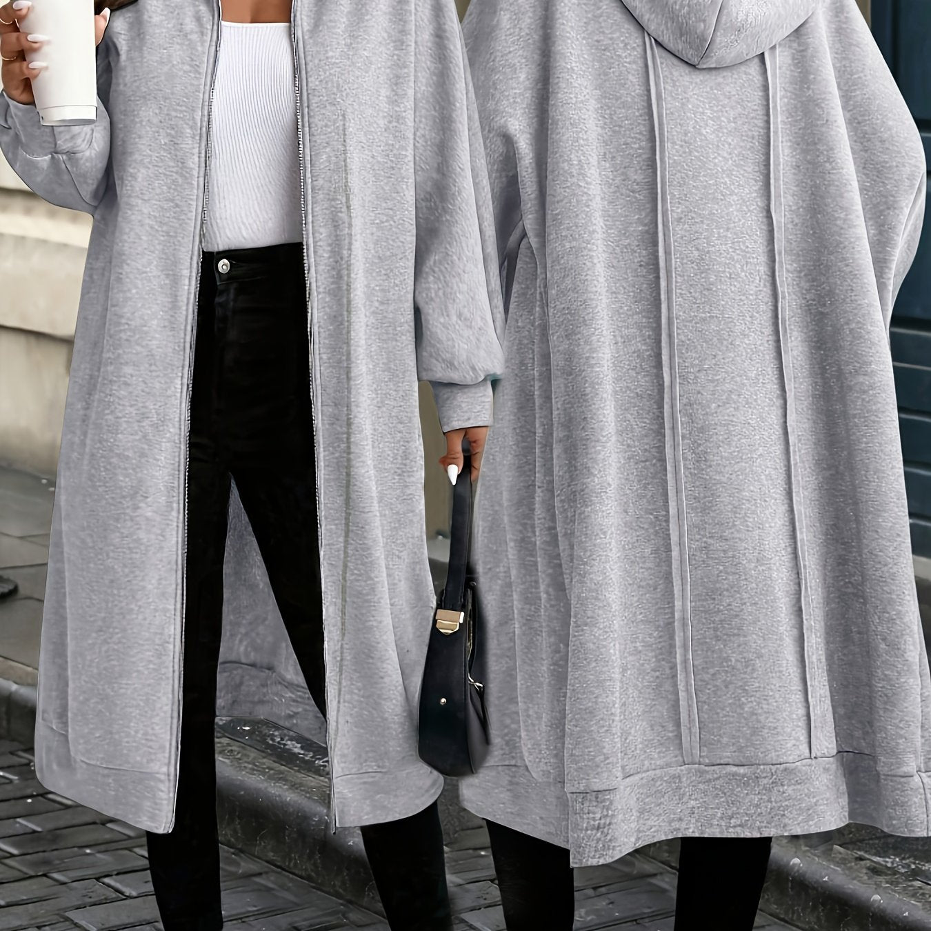 Hooded Zipper Front Long Overcoat