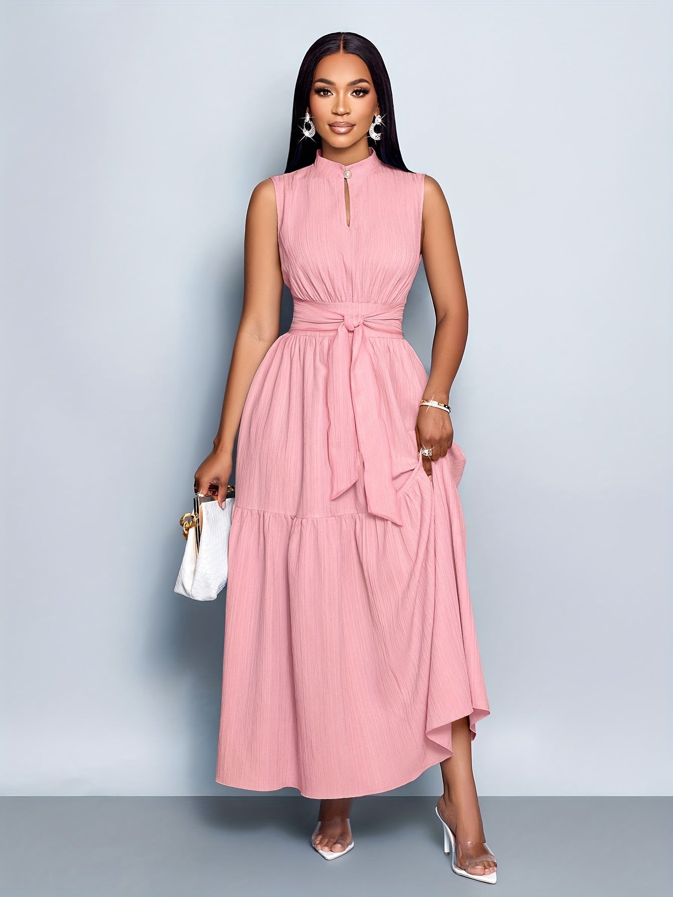 Textured Belted Summer Dress – Ruffled Hem & Lightweight Sleeveless Fit