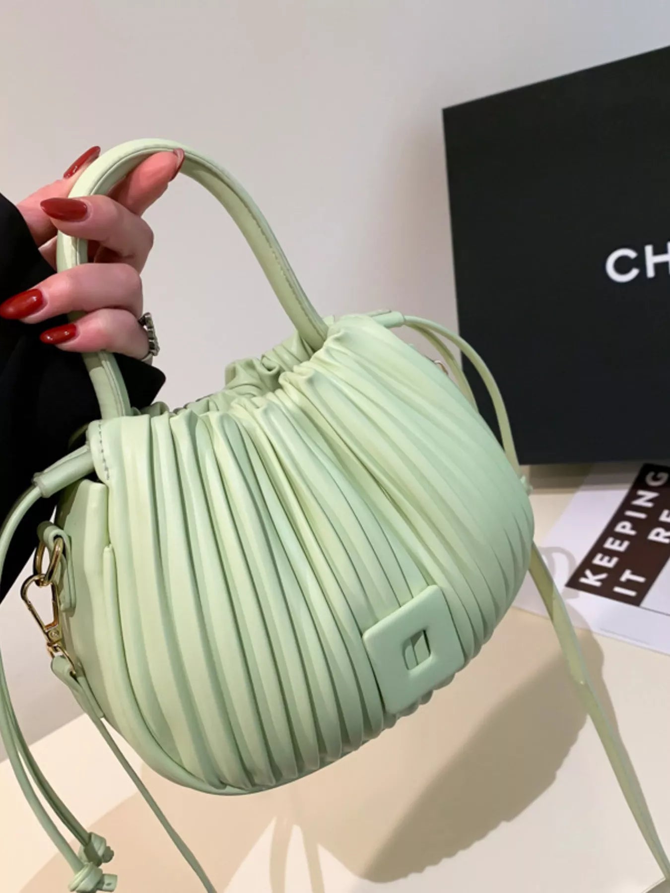 Trendsi Pleated Bucket Crossbody Bag, stylish handbag featuring a pleated design and adjustable strap for everyday use