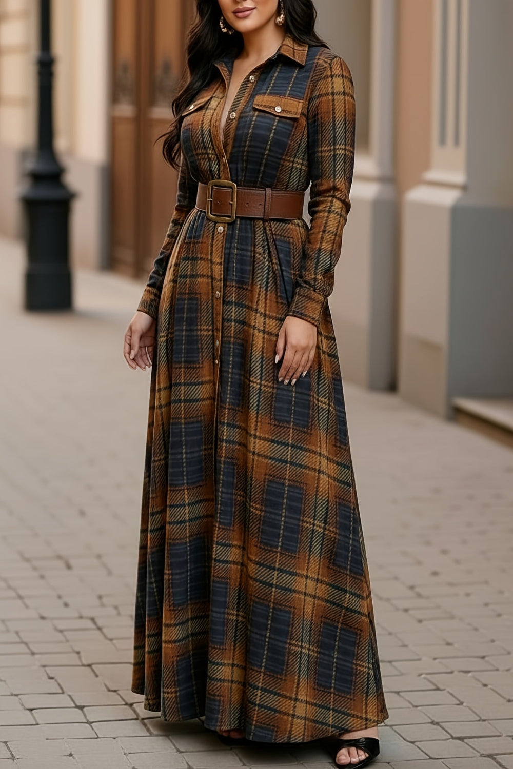 Brown plaid shirt maxi dress by Toshe Womens Fashions featuring long sleeves, button-up front, and a flowing silhouette.