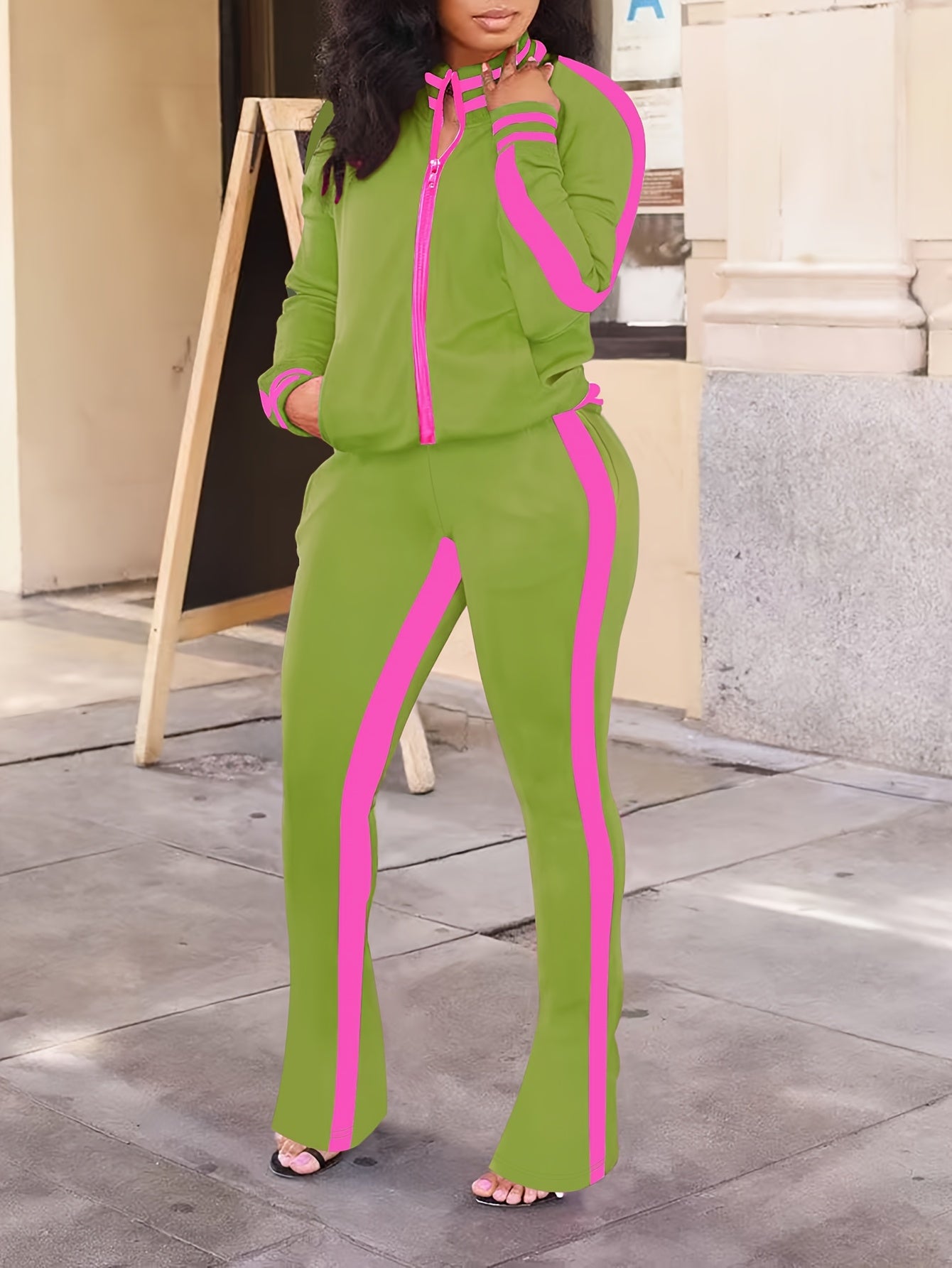 Women’s Pink & Green Zip-Up Jacket + Striped Bell Pants Set