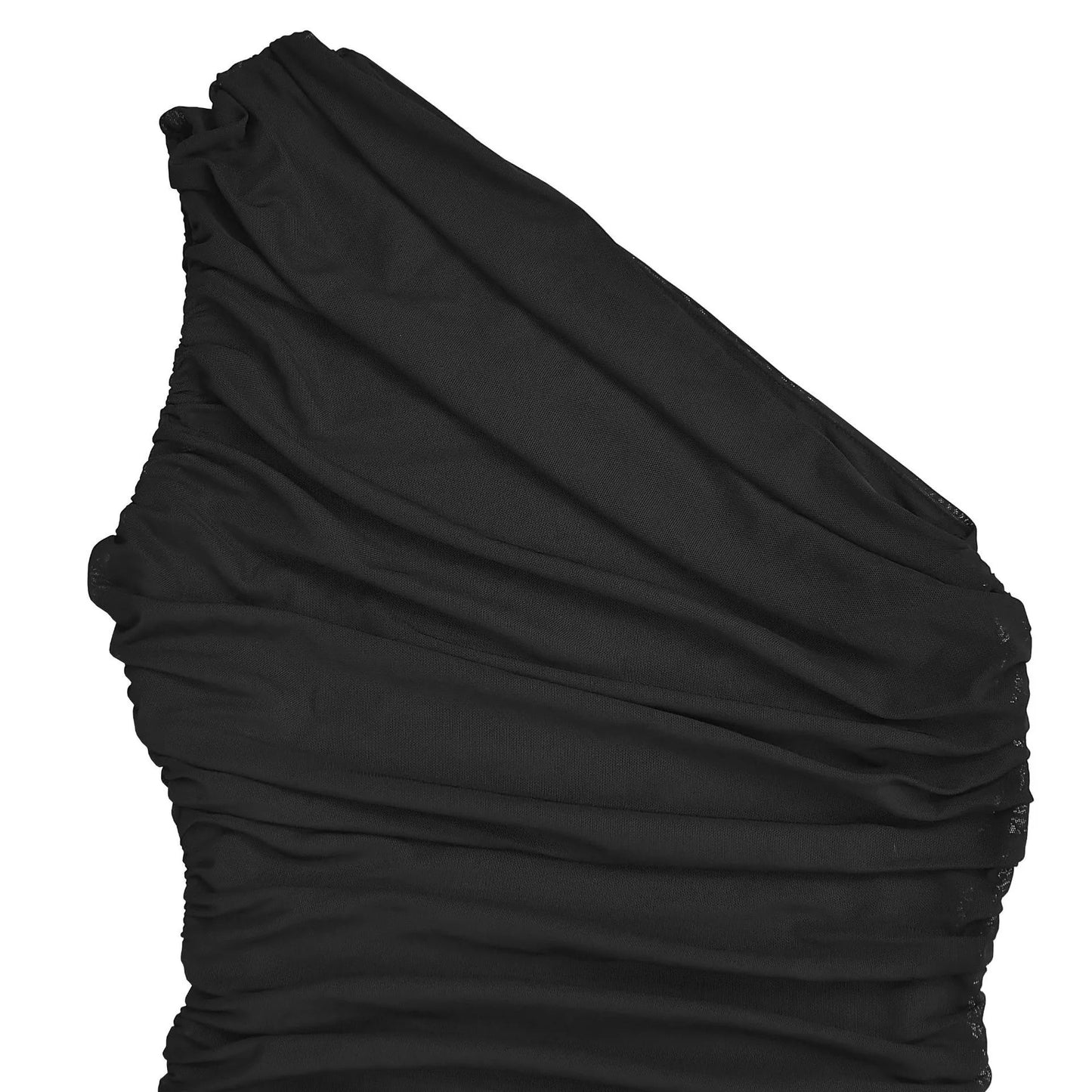 One-shoulder ruched bodycon maxi dress by Trendsi, featuring a fitted silhouette and elegant design for formal occasions.