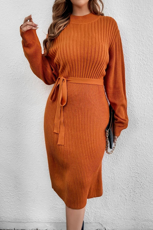 Elegant Autumn/Winter Long Sleeve Dress - Ribbed Texture, Waist Tie, Flattering A-Line Silhouette. Toshe Womens Fashion