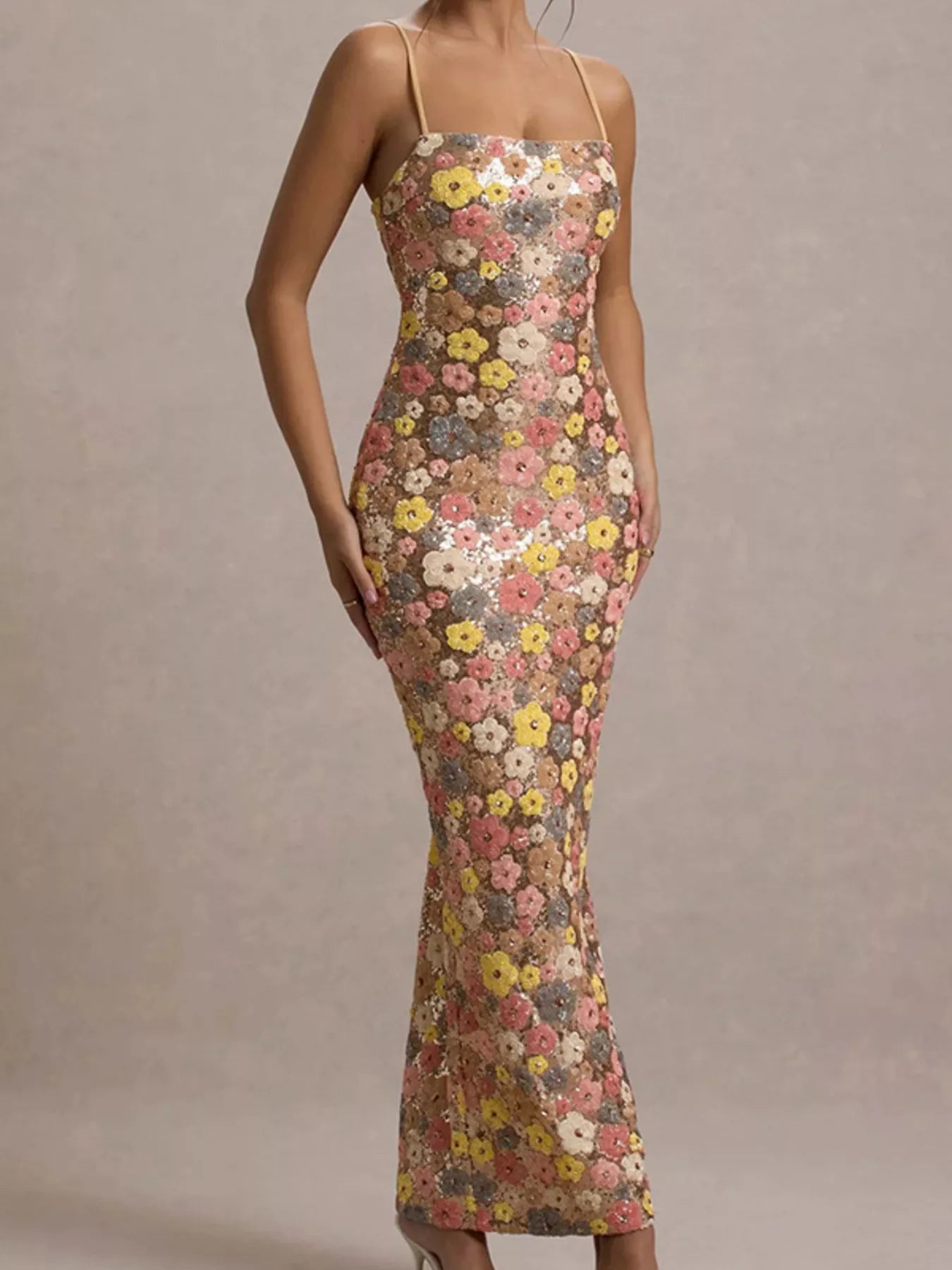 Floral sequin embellished bodycon maxi dress for after 5 occasions, featuring vibrant floral embroidery and shimmering sequins.