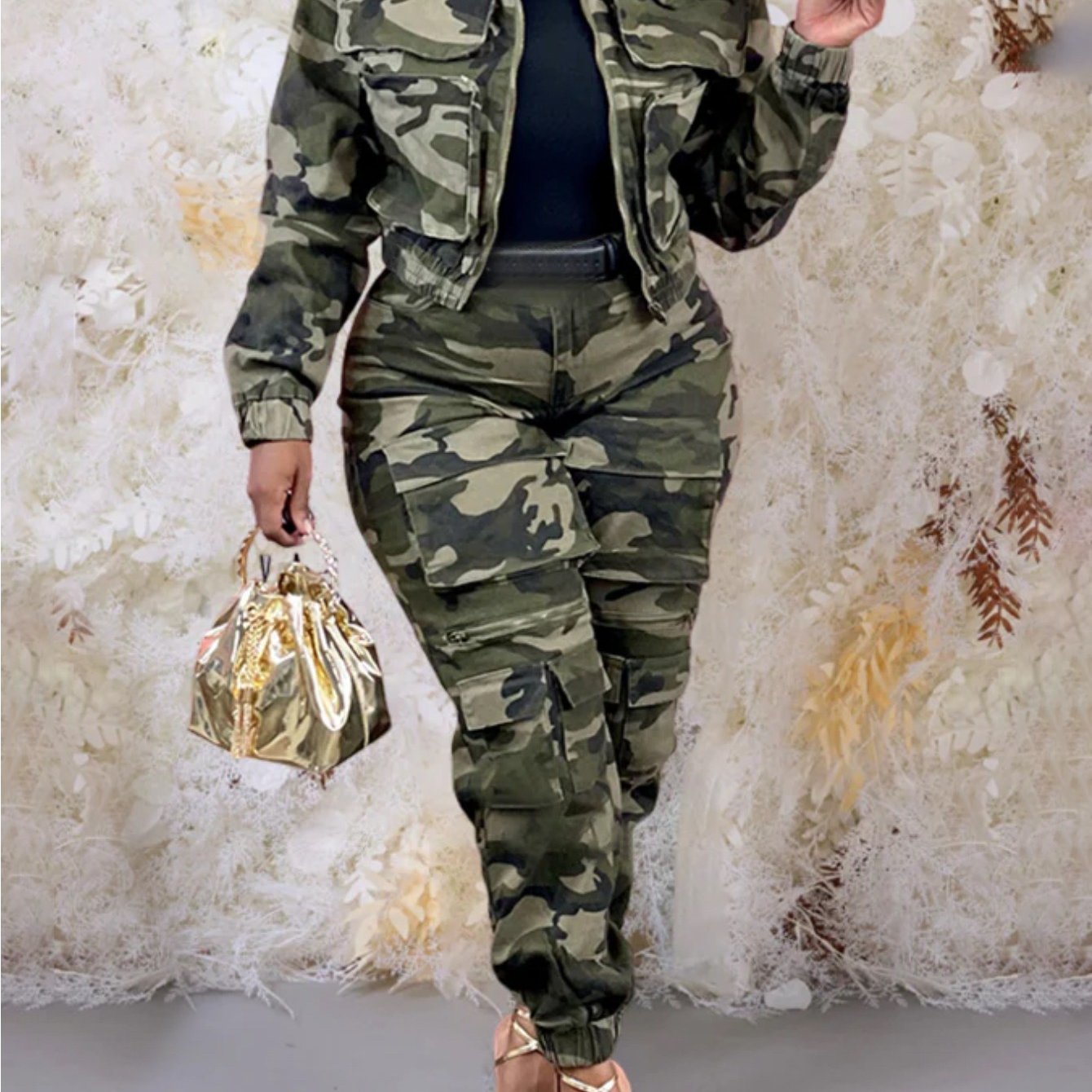 Army Green Cropped Utility Jacket & Tapered Jogger Pants Set
