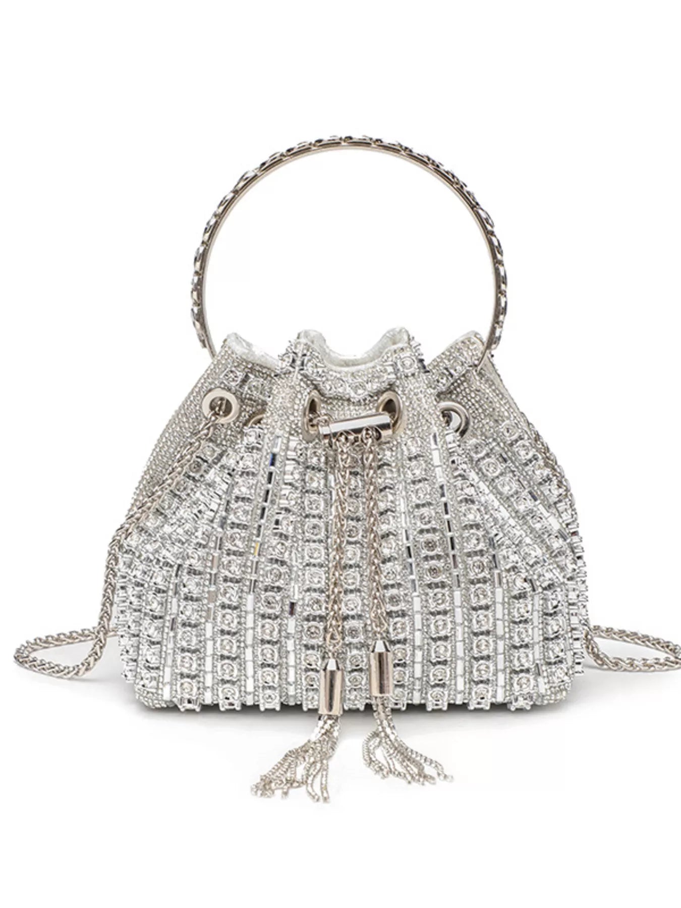 Rhinestone embellished bucket crossbody bag from Trendsi featuring sparkling rhinestones and a stylish handbag design.