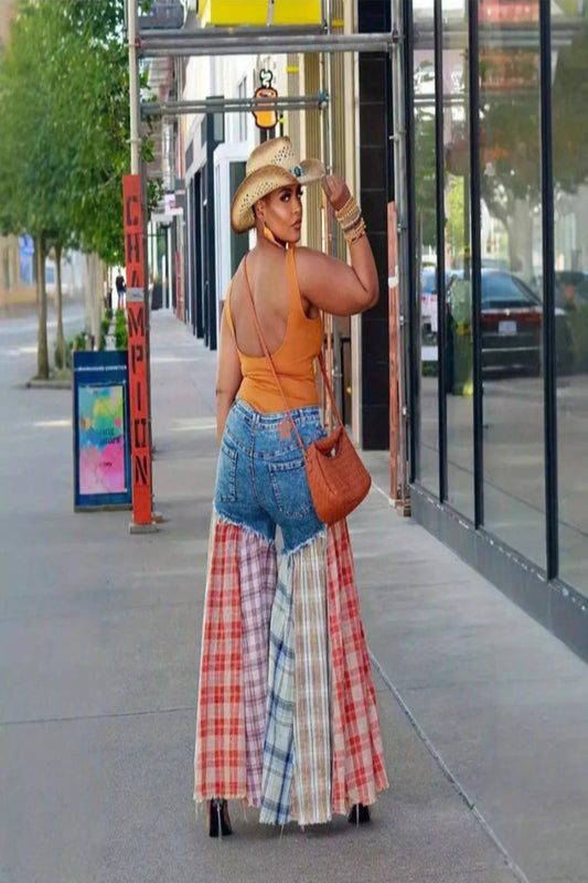 Blue Jean and Plaid Wide-Leg Jeans Toshe Women's Fashions