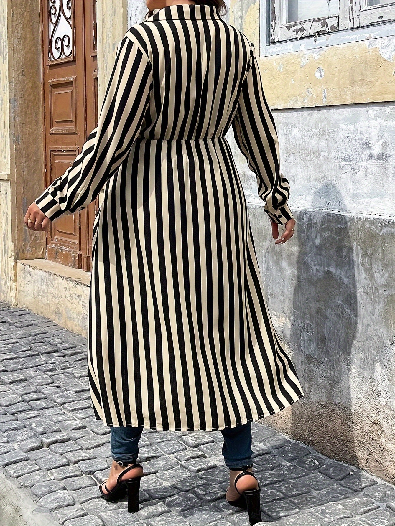 Collared Striped Button-Up Hi-Lo Blouse with Front Split