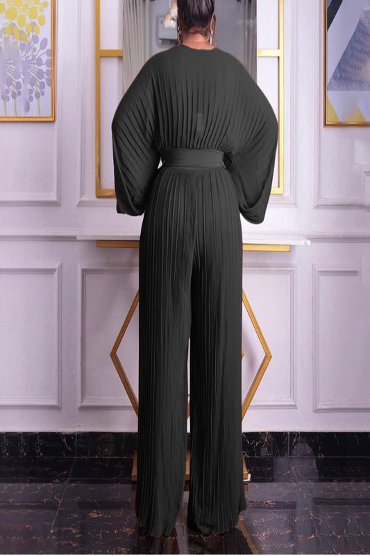 Deep V-Neck Lantern Sleeve High-Waist Jumpsuit – Elegant Wide-Leg One-Piece Outfit