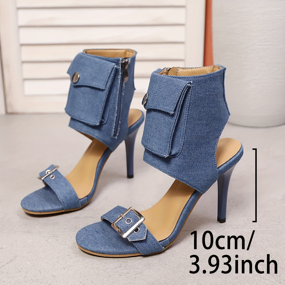 Denim Fabric Ankle Buckle Stiletto Sandals