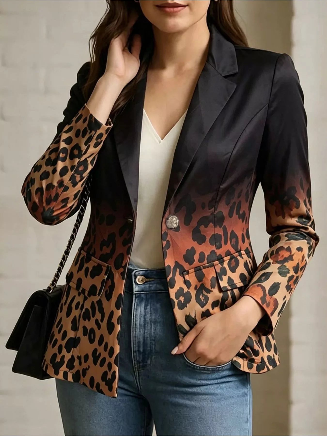 Leopard print contrast blazer by Trendsi, tailored fit with classic lapel, stylish for casual or formal wear.