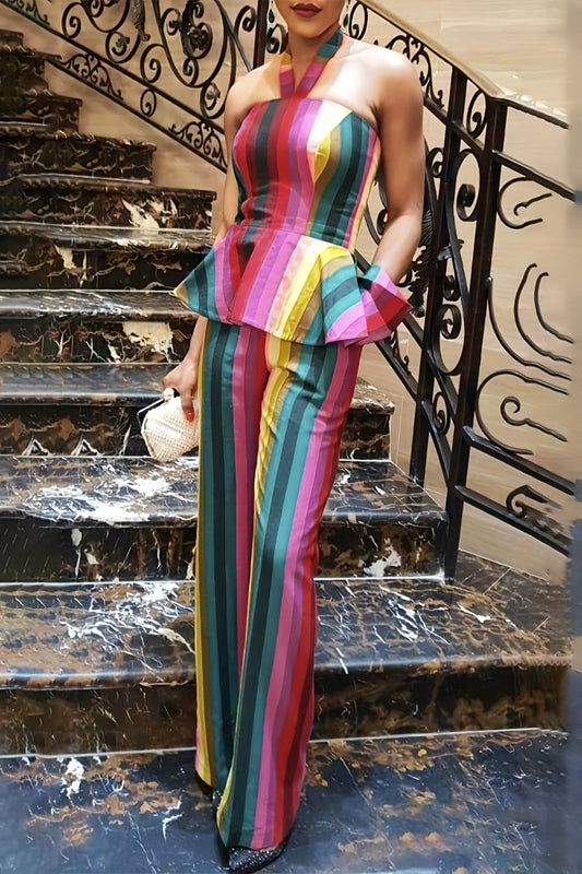 Chic Halter Strap Open Shoulder Top & Straight-Leg Trouser Set – Elegant & Flattering 2-Piece Outfit