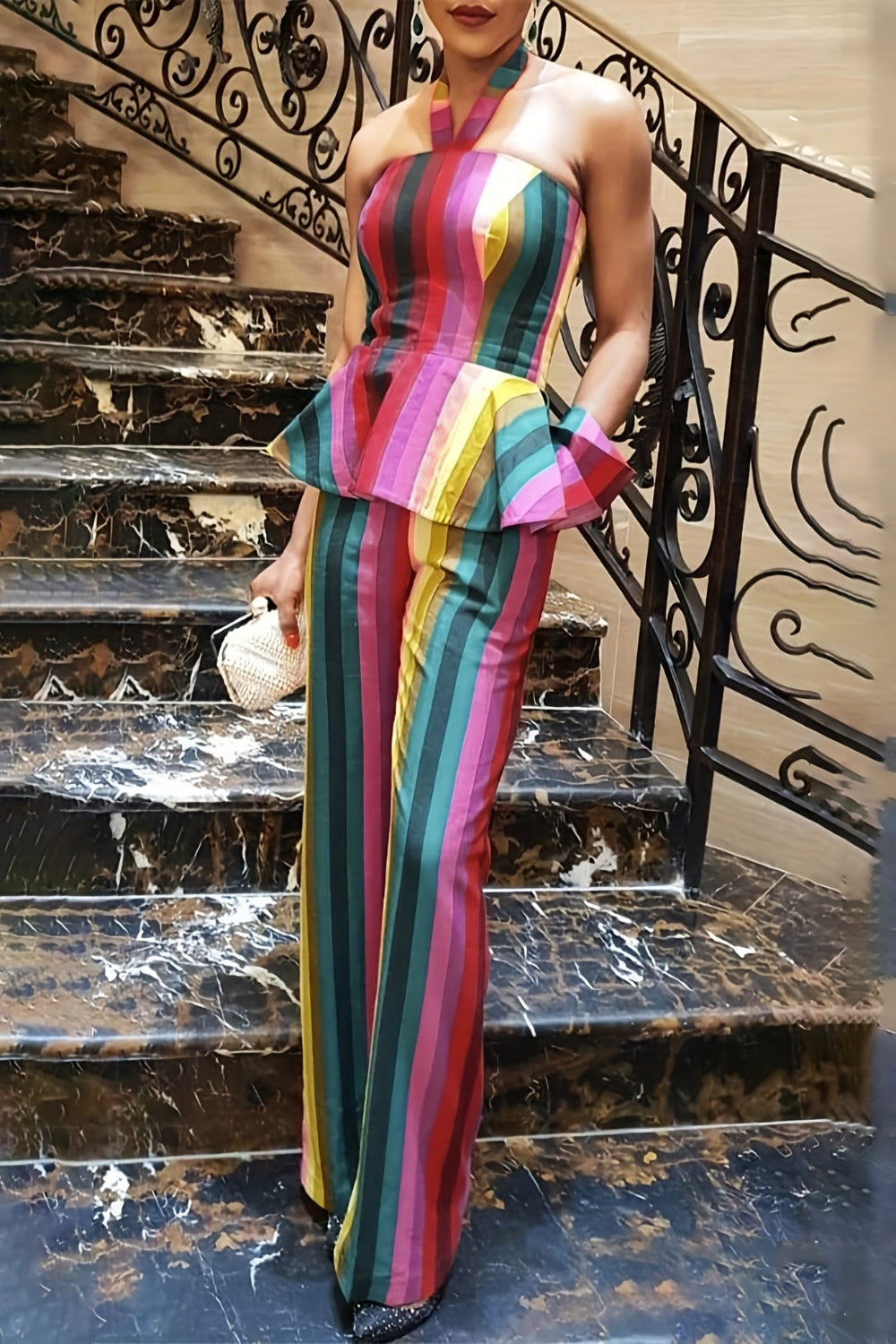 Chic Halter Strap Open Shoulder Top & Straight-Leg Trouser Set – Elegant & Flattering 2-Piece Outfit