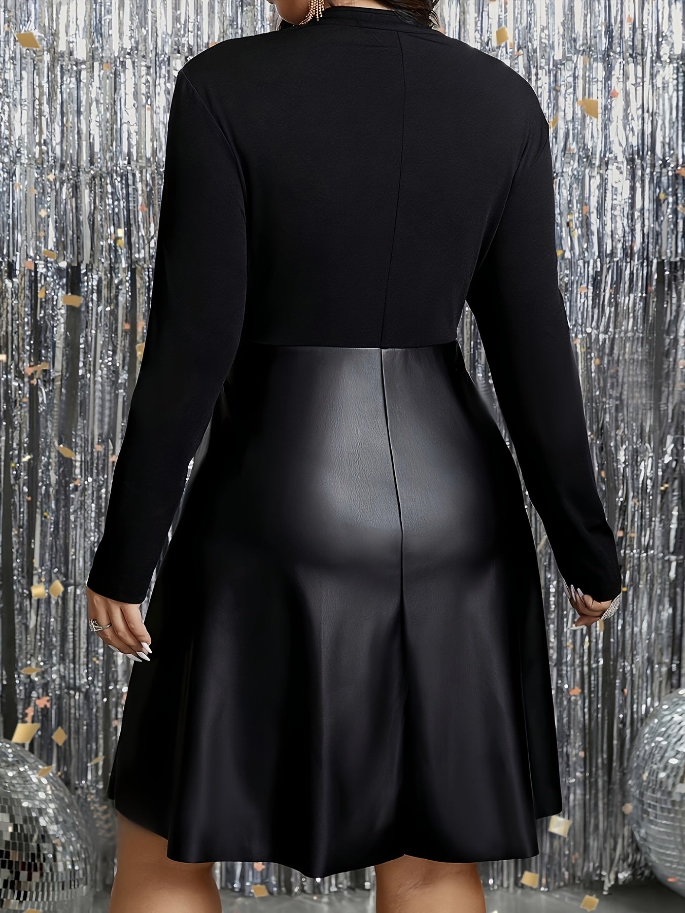 Zippered Faux Leather Panelled Black Dress