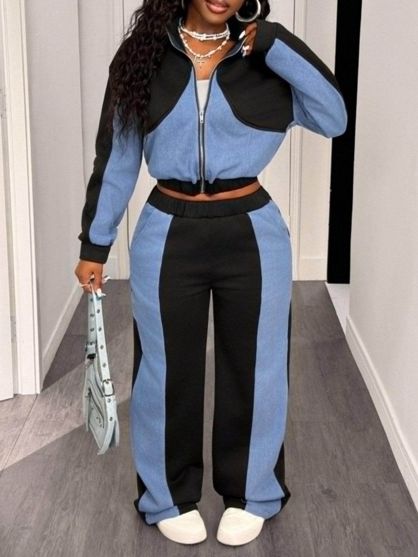 Color Block Zip Up Jacket & Wide Leg Pants Set