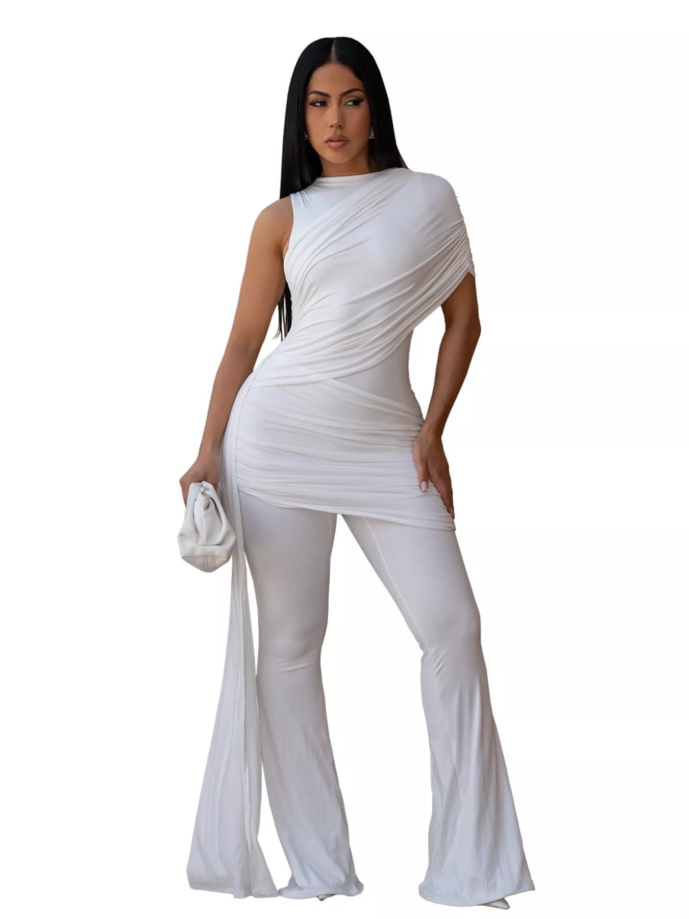 Black ruched one-shoulder flare leg jumpsuit for after 5 events, featuring a stylish, fitted design with a single shoulder strap.