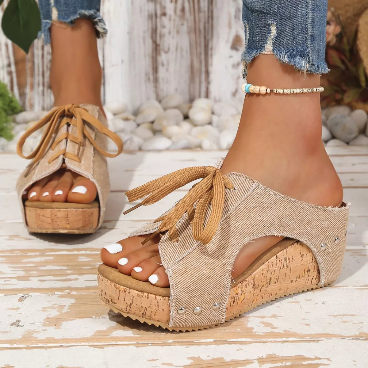 Lace-up wedge sandals from Trendsi featuring a stylish design with ankle laces and a comfortable wedge heel.