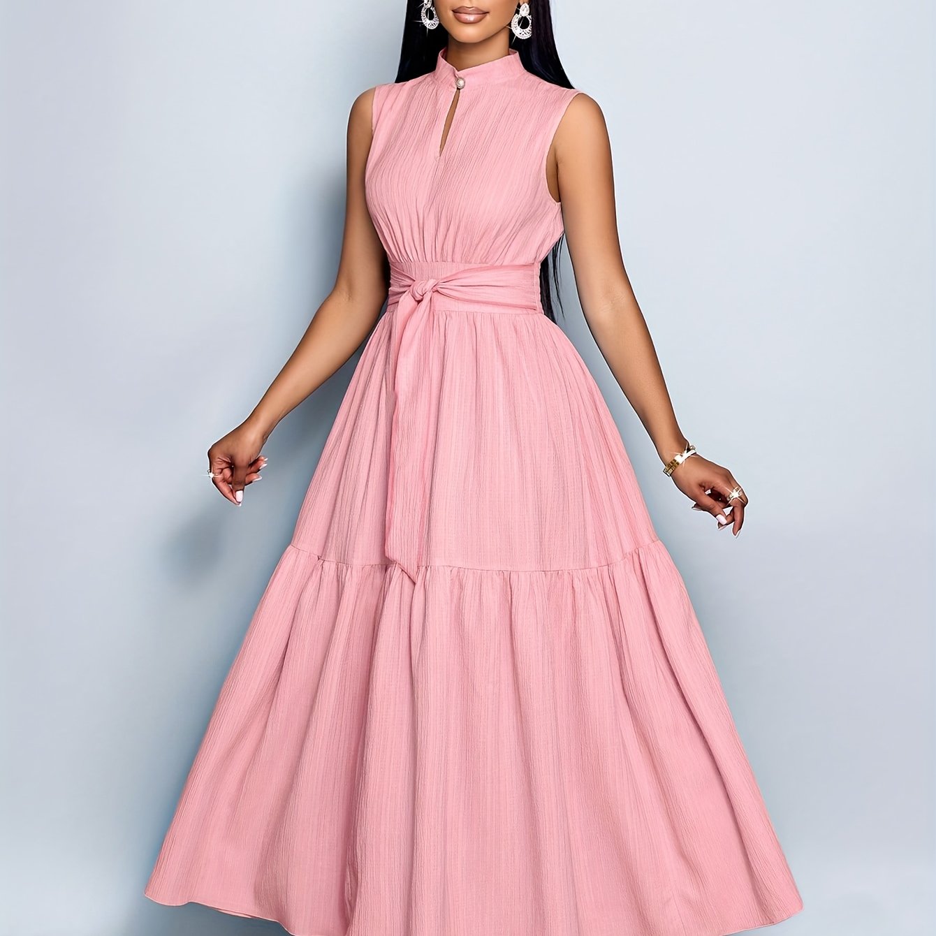 Textured Belted Summer Dress – Ruffled Hem & Lightweight Sleeveless Fit