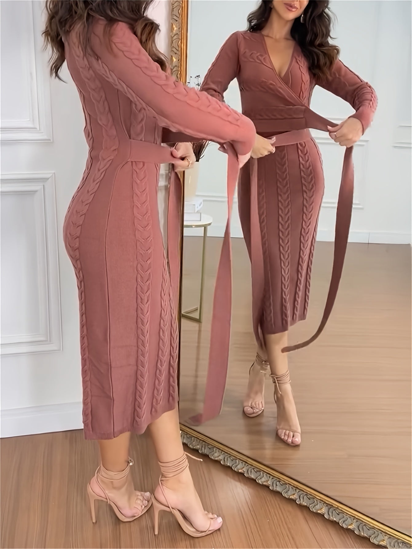 Cable-Knit V-Neck Tie-Waist Sweater Dress