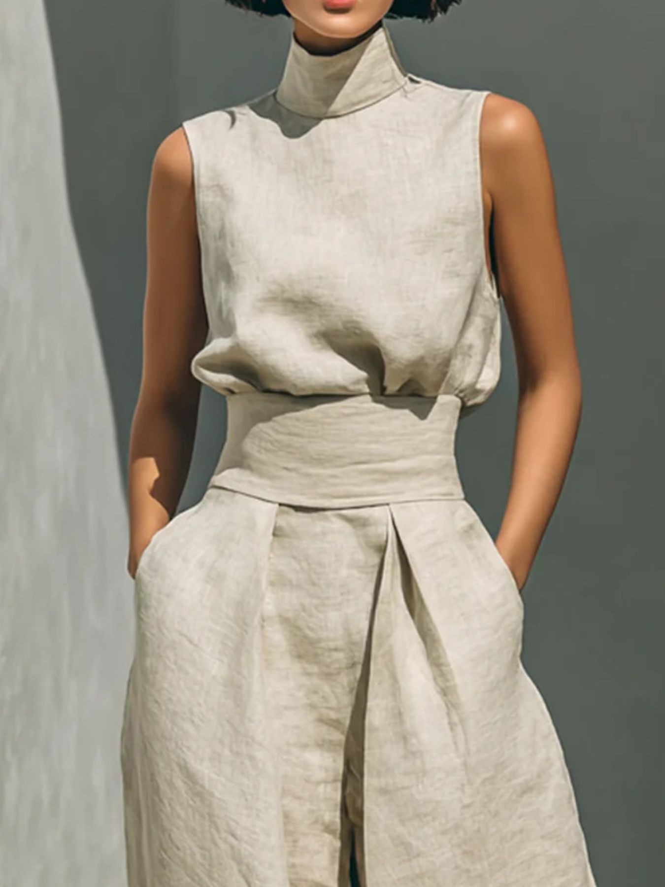 Sleeveless turtleneck top and matching pants set by Trendsi, featuring a fitted design and neutral fabric for a chic look.