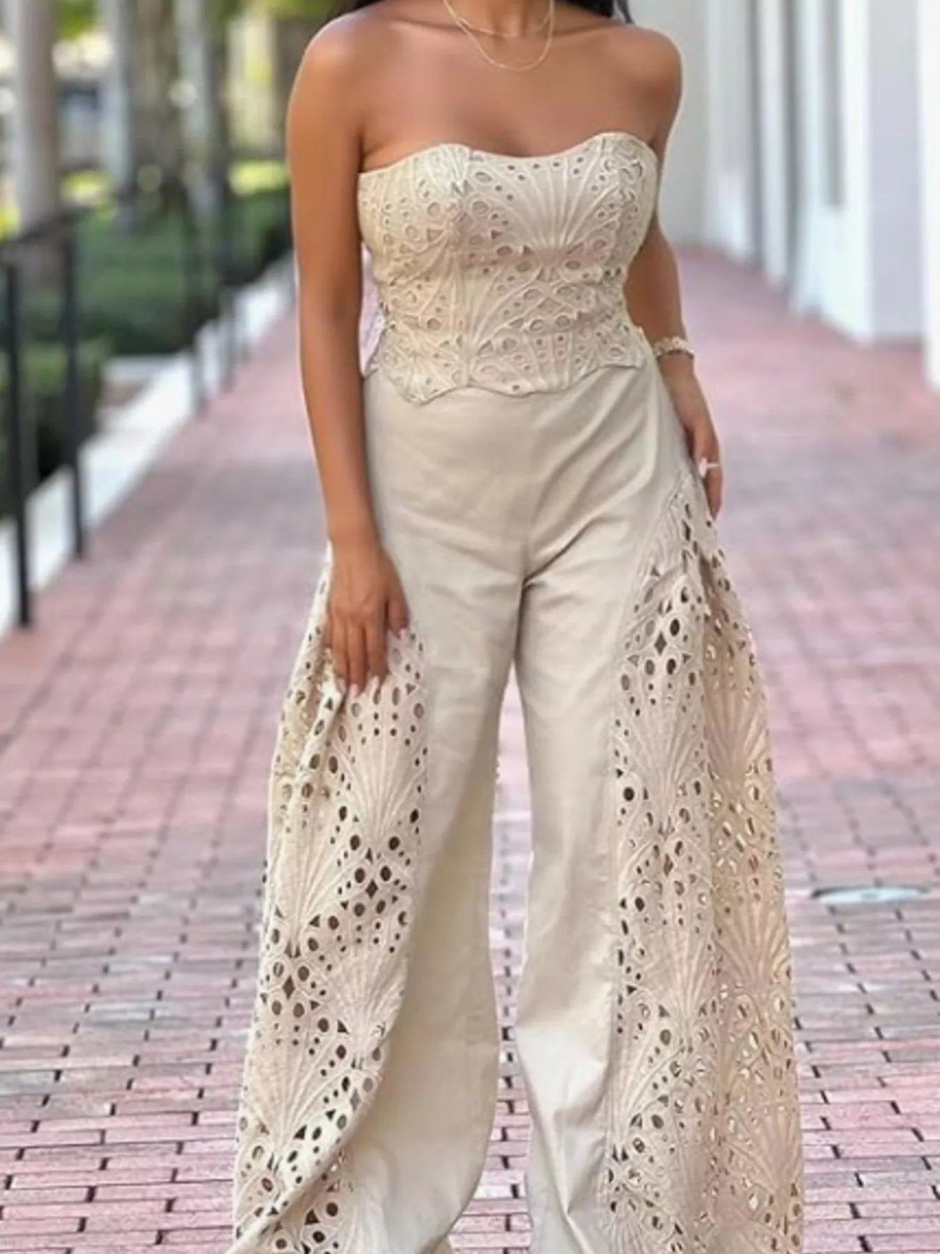 Trendsi hollow-out tube top and pants set, stylish 2-piece outfit with cut-out details, perfect for trendy casual wear.
