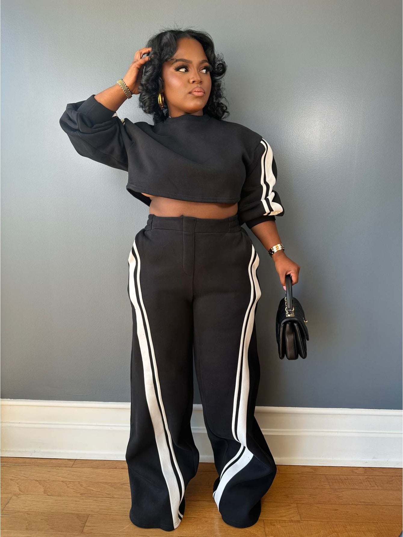 Black Striped Crop Sweatshirt and Straight Pants Set