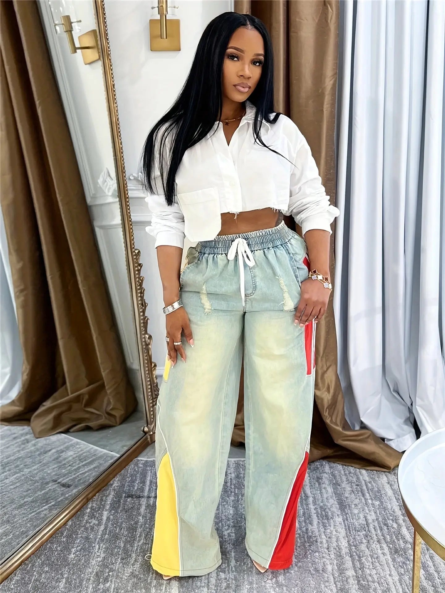 Color-block Drawstring Wide Leg Jeans Toshe Women's Fashions