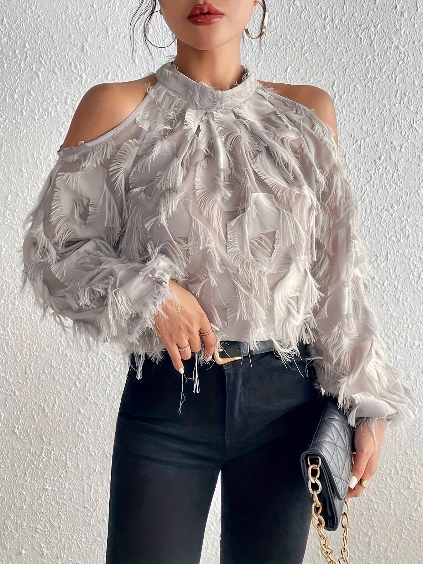 Feather-Like Plush Semi-Sheer Open-Shoulder Blouse – Luxe Evening Top