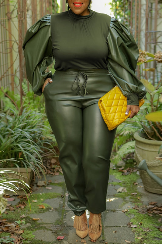 Faux Leather Knit Top & Drawstring Pants Set – Chic Two-Piece Co-ord Outfit