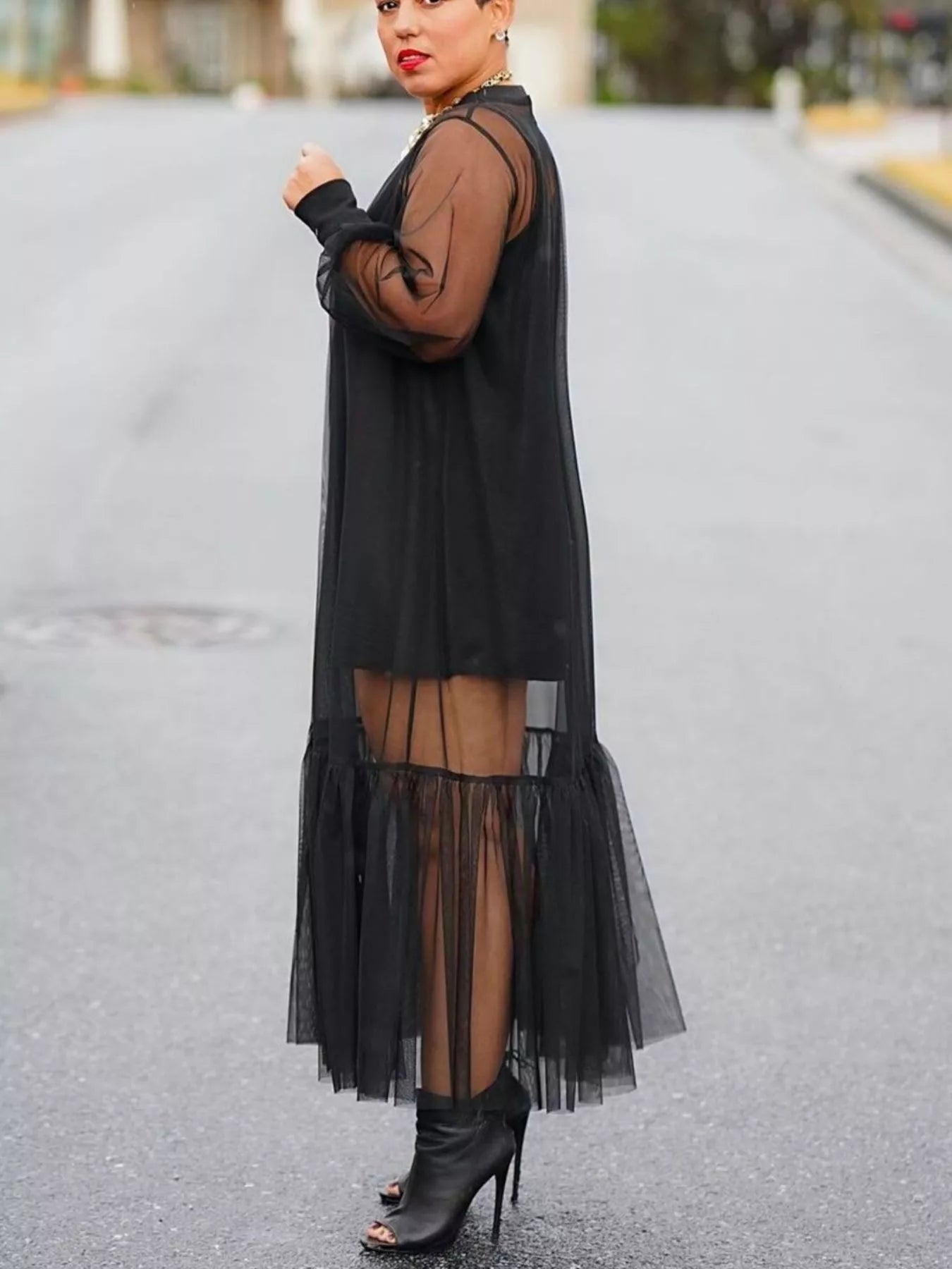 Scoop neck cami dress and sheer mesh dress set by Trendsi, featuring a lightweight, stylish design with layered fabrics.
