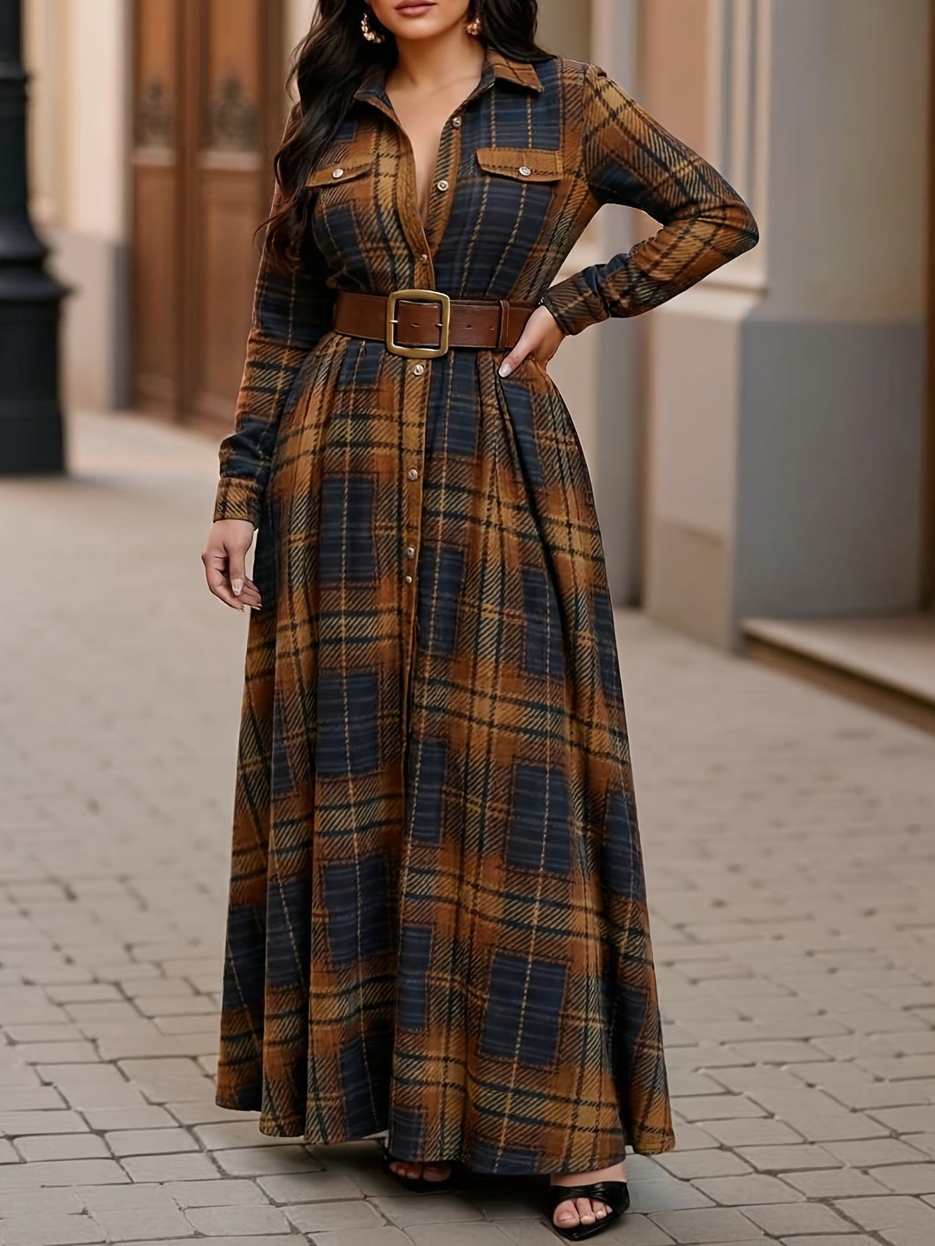 Brown plaid shirt maxi dress from Toshe Womens Fashions, featuring a long, flowing design with plaid pattern and button front.