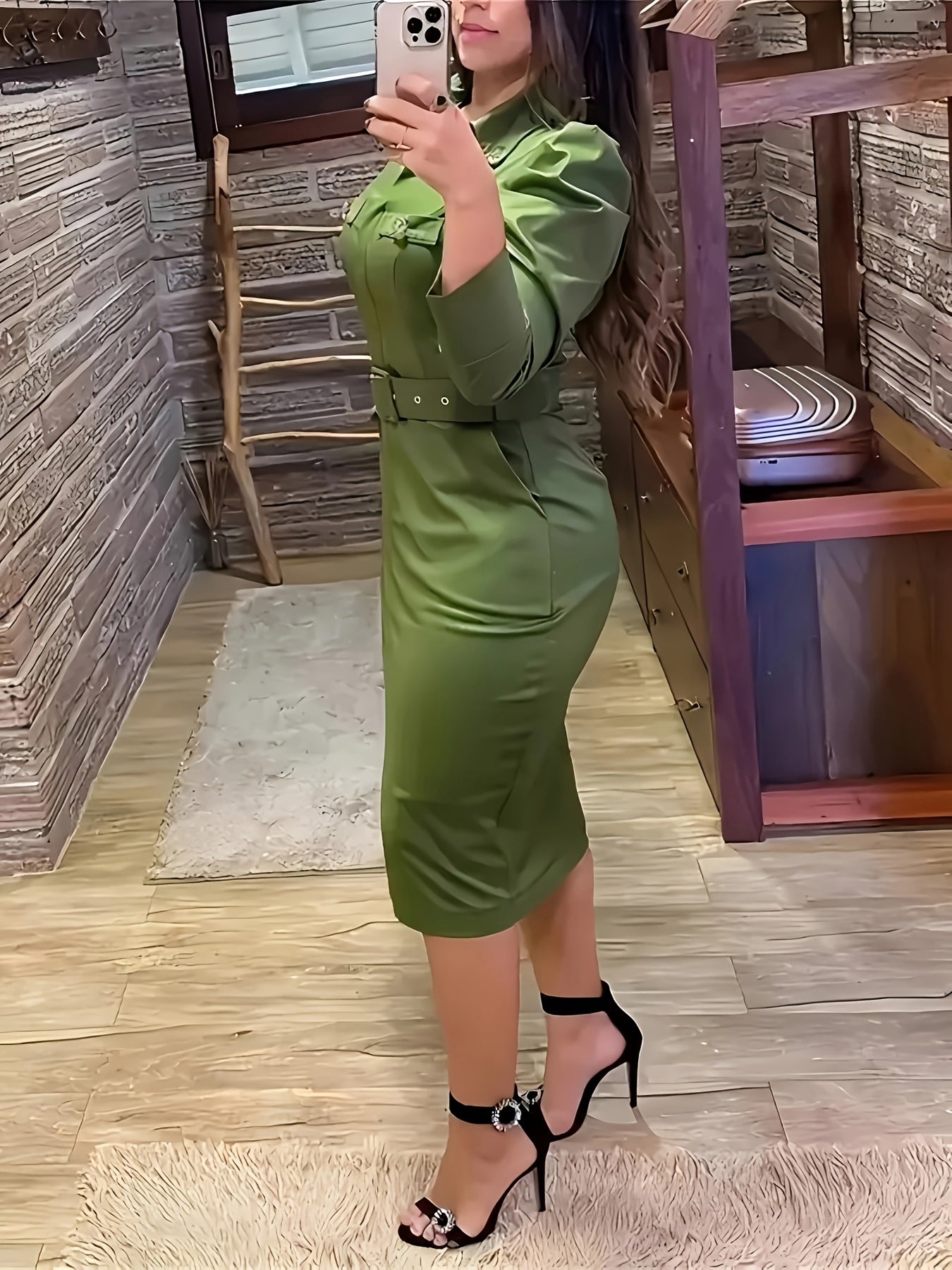Green Gold Button Accent with Side Zipper Belted Dress